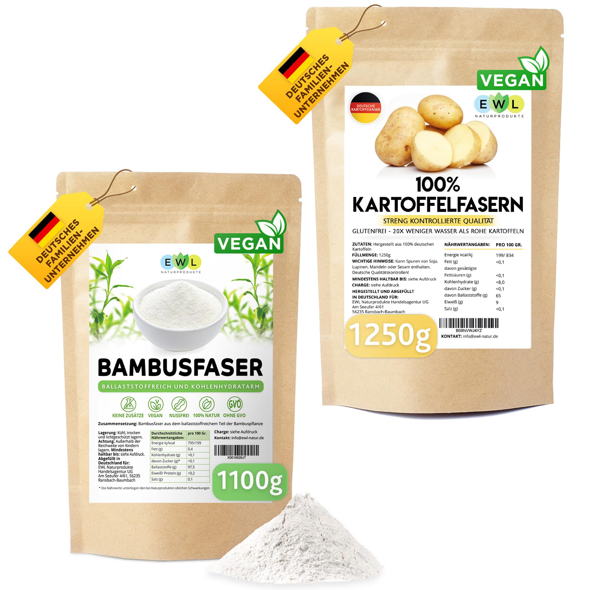 EWL Naturprodukte Kartoffelfasern 1250g & Bambusfasern 1100g, Set aus 2,35kg Fasern