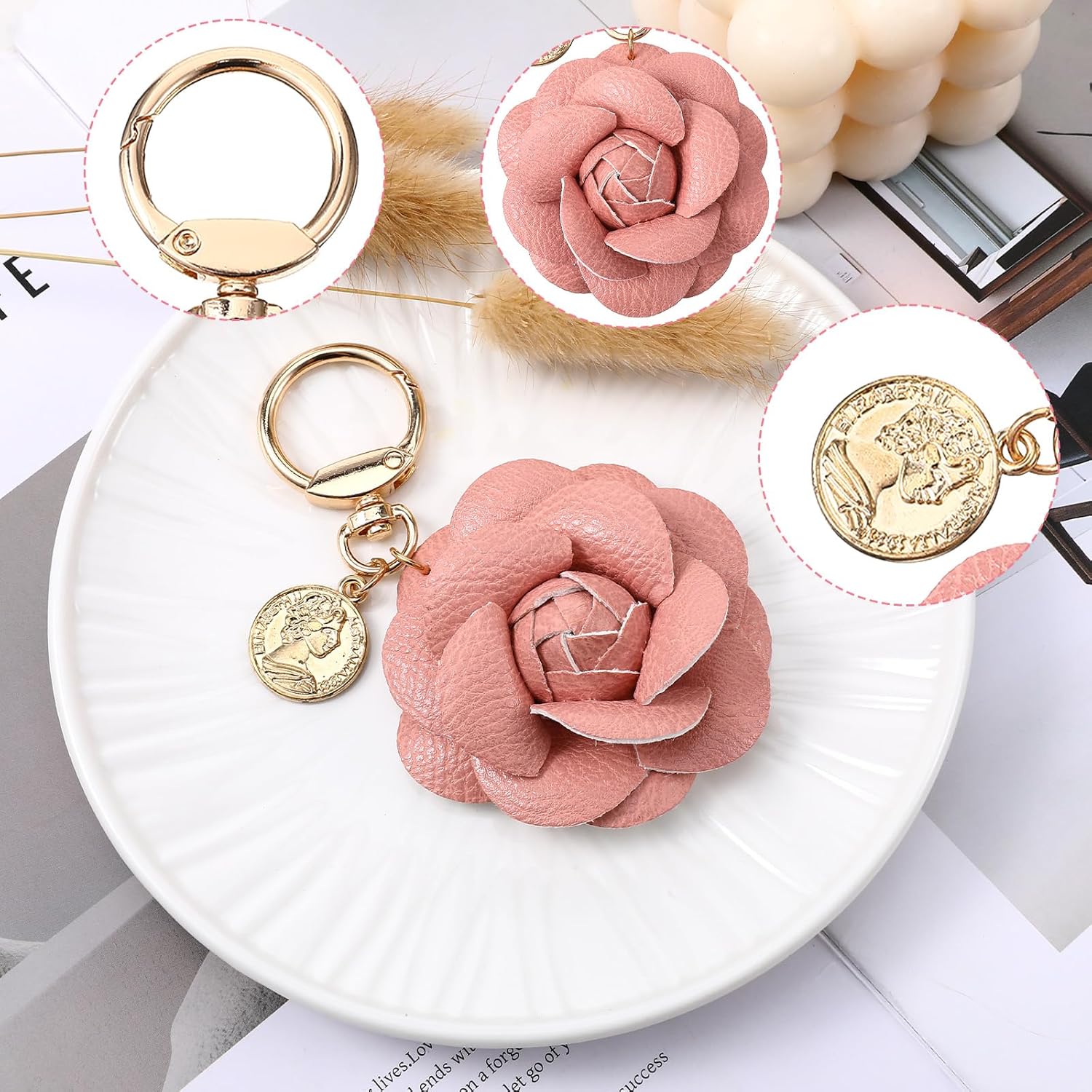 Leather Flower Keychain Bag Charm Elegant Rose Shape Design Cute Floral Accessory for Purse, Bag, Backpack for Women Girls - Image 5