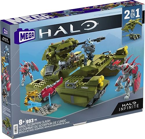 Miniatura 6 de MEGA Juego de construcción de juguete Halo, tanque de choque de escorpión UNSC con 993 piezas, 5 figuras de acción micro y soportes de exhibición,