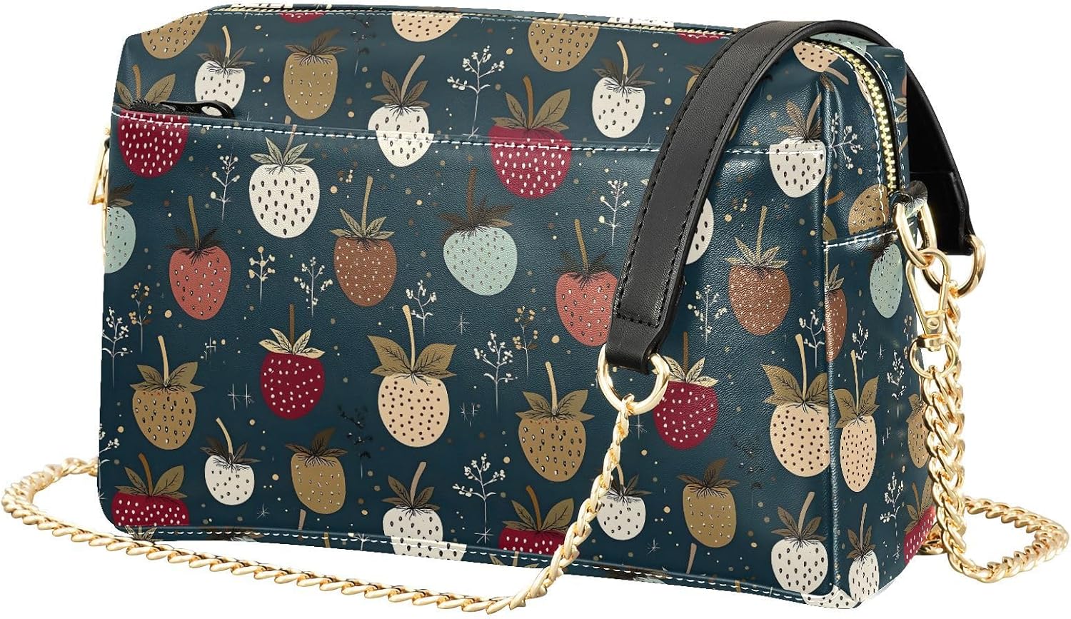 Women Crossbody Bag Shoulder Handbag Cellphone Purse Cute Strawberry Print, PU Leather Metal Chain Strap Water Resistant Zipper Closure