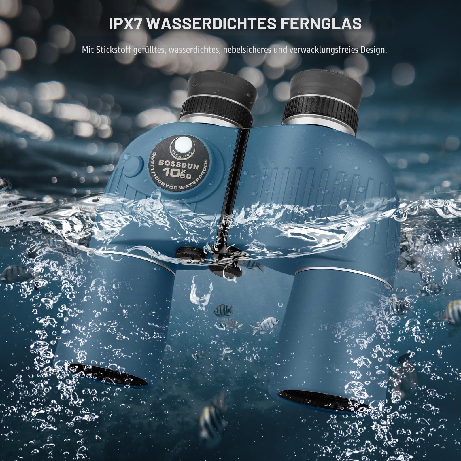 10x50 Marine Fernglas mit beleuchtetem Entfernungsmesser und Kompass, IPX7 wasserdicht, BAK4-Prismen, inklusive Trageriemen und Tragetasche (Blue)