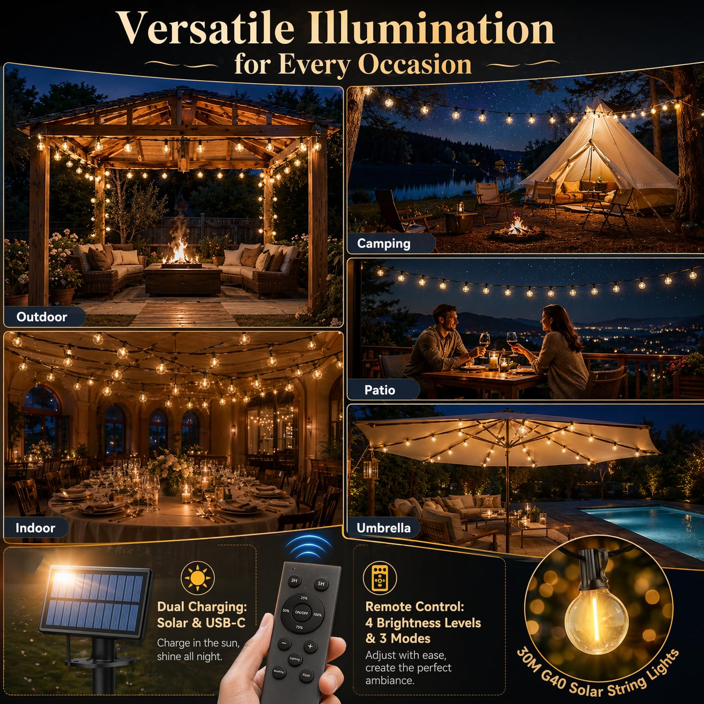 Guirlande lumineuse solaire d'extérieur étanche G40 avec télécommande, minuterie à intensité variable, 3 modes d'éclairage pour porche, cour, jardin, camping