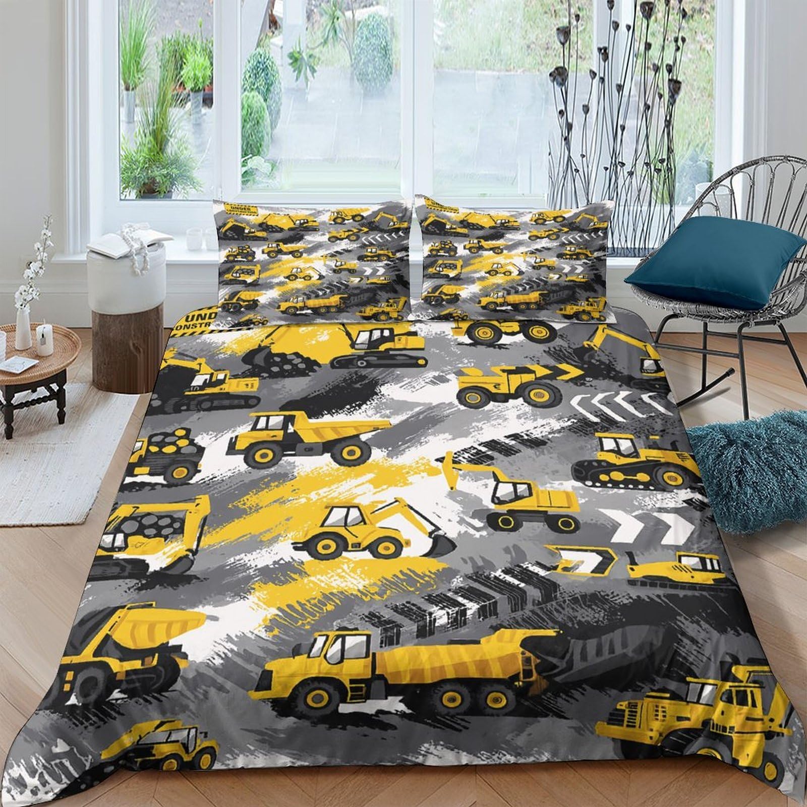TUFRTGYHN 3D Printed Construction Trucks Duvet Cover Microfiber Soft Breathable Yellow Excavator Bedding Set with 2 Pillowcases for Bedroom Decor Single（135x200cm）