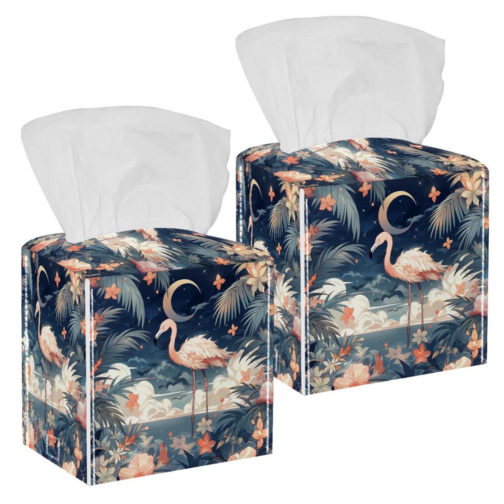 Flamingo Tissue Box Cover, 2 Pack PU Leather Square Facial Tissue Dispenser Box holder for Home Office Car