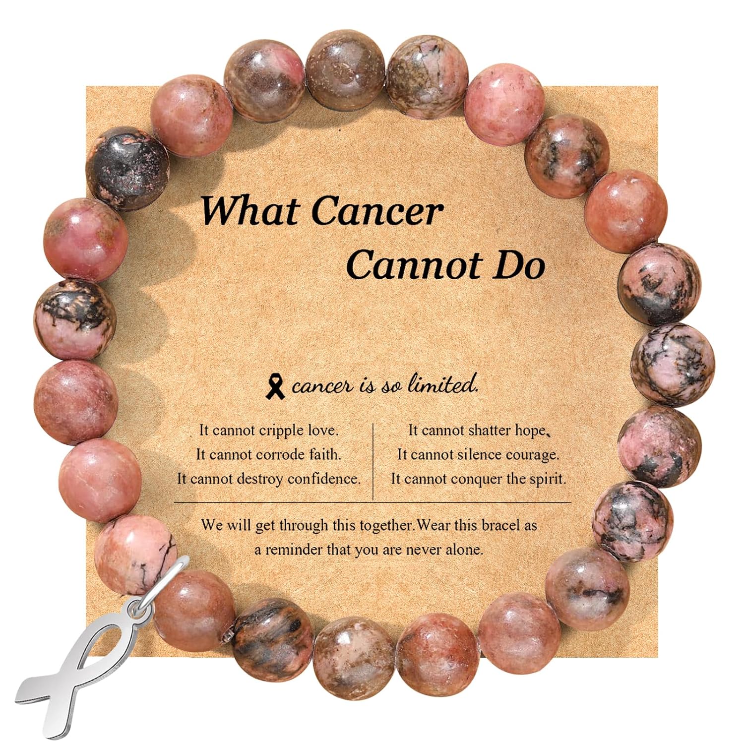 Breast Cancer Bracelets Natural Stone Bead Ribbon Inspirational Awareness Bracelets Encouragement Handmade Gifts for Women Girls Best Friend Sister