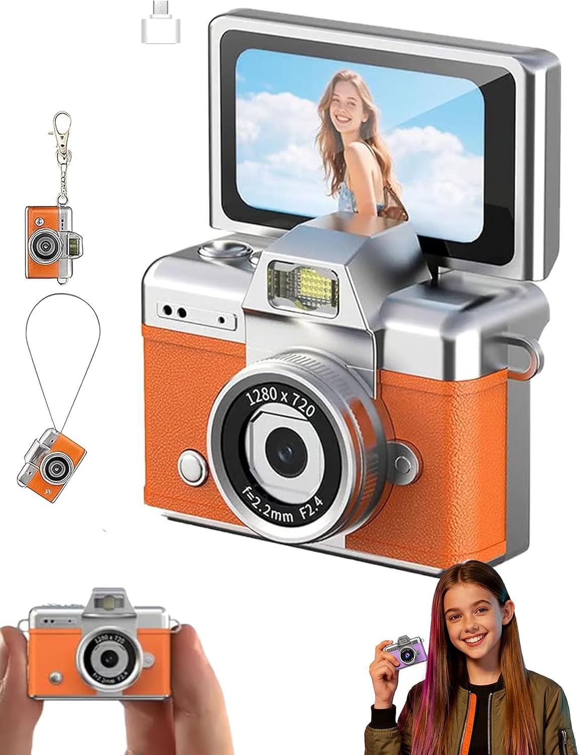 Mini Digital Camera with 1.47 in LCD Screen，1080p Flip Screen Mini Camera with Built-in Flash,64GB Memory,for Travel, Study, and Daily Use(Orange)