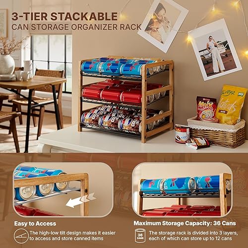 Miniatura 6 de Organizador de latas para despensa de 3 niveles, organizador de almacenamiento de latas, organizador de latas de soda, capacidad para hasta 36