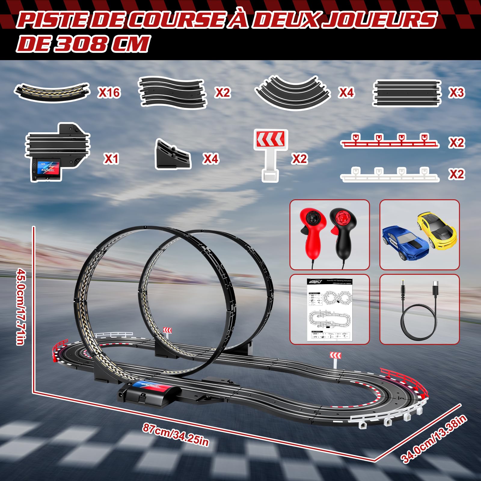 JONRRYIN Piste De Course Voiture Electrique, 2 Voitures, 2 TéLéCommandes, 2 Boucles De 360°, Compteur De Tours, Circuit Voiture Enfant Piste De Course Enfants 6+ Ans (1:64)