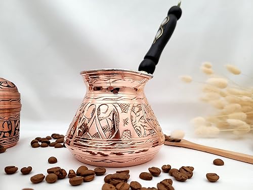 Miniatura 2 de Cafetera turca griega árabe de cobre de 12 onzas con aplicación Fortune y mango de madera (4 tazas), cafetera turca Cezve, Ibrik, cafetera griega