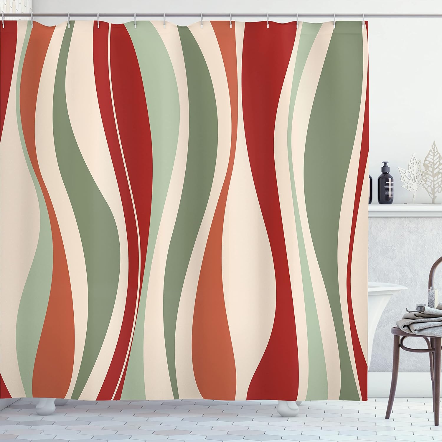 Ambesonne Vintage Shower Curtain, Retro Vibrant Stripes Funky Lines Design Patterns Abstract Print, Cloth Fabric Bathroom Decor Set with Hooks, 69" W x 70" L, Green Reseda