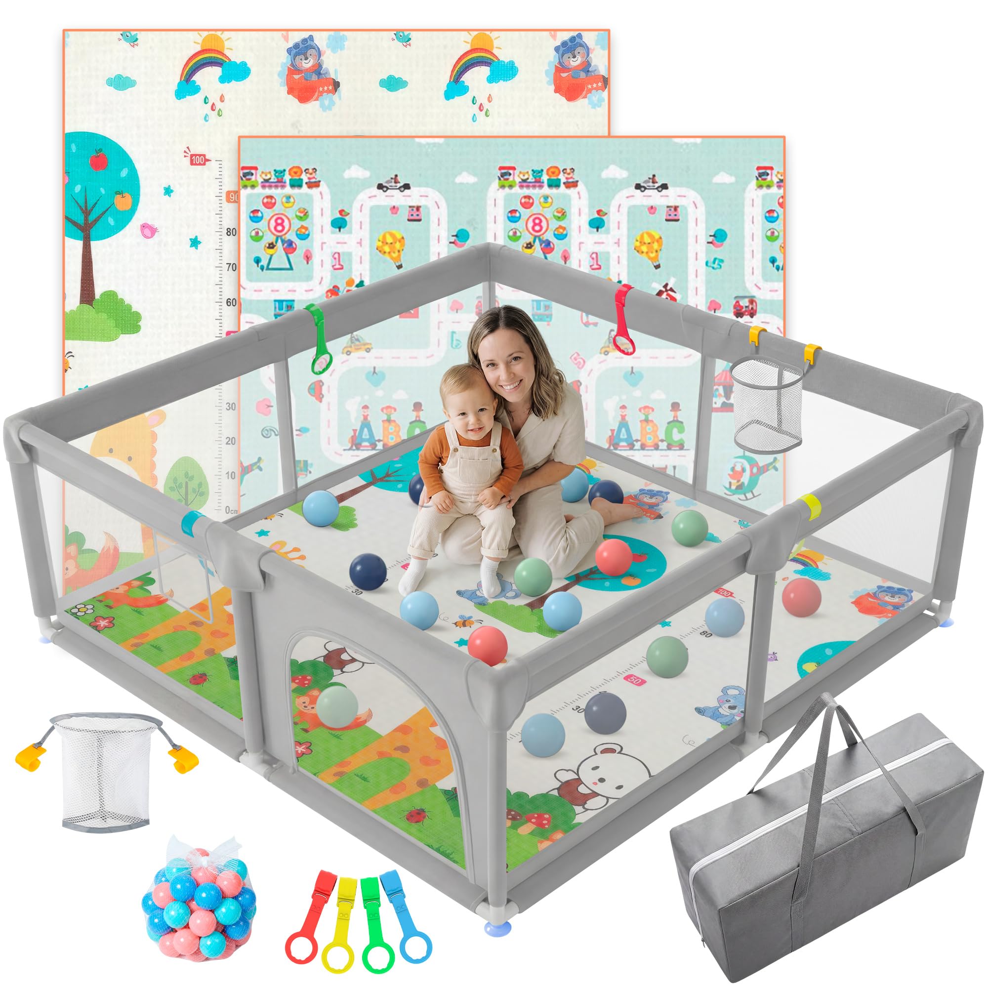 JUPPLIES Parque Infantil Bebe 120x120cm + Alfombra Bebe + Agarraderas + Canasta + 50 Bolas + Bolsas de Transporte | Corralito Bebe con Malla Transpirable (Gris)