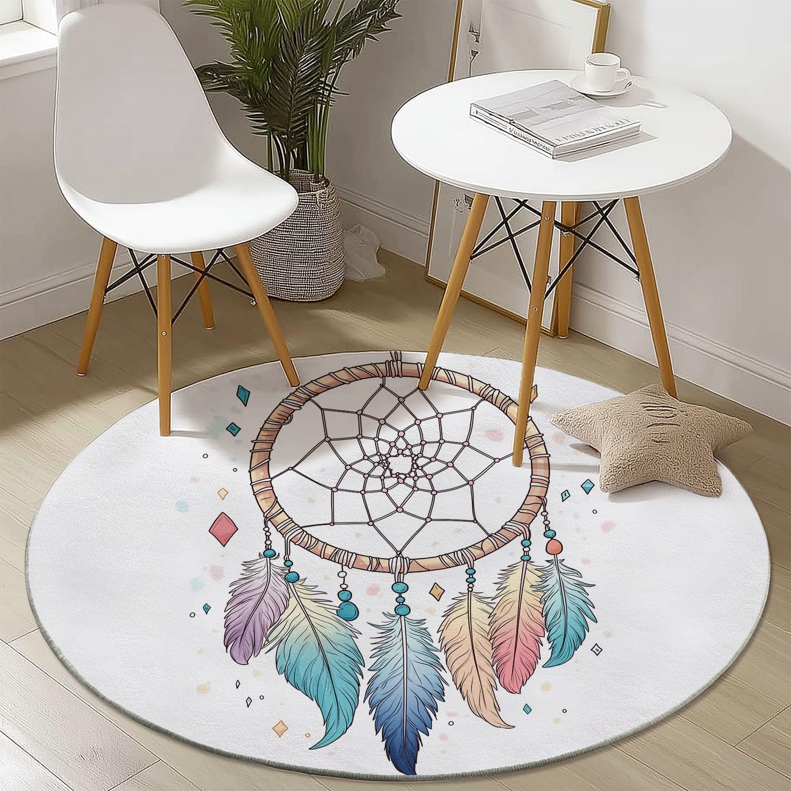 Tapis rond blanc lavable en machine pour salon et chambre enfant