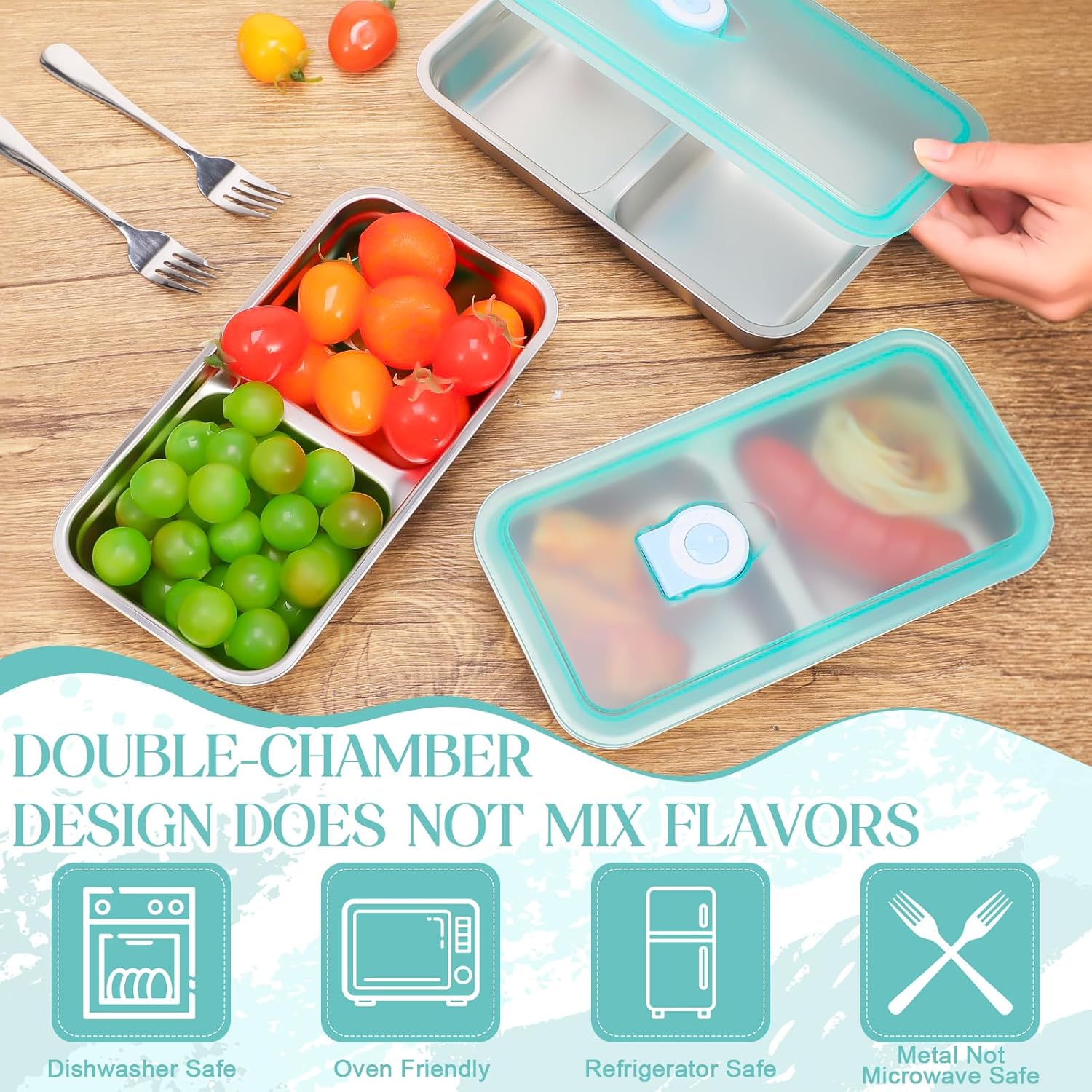 8 Pack Stainless Steel Snack Containers -15oz Reusable Grab And Go 2 Compartment Lunch Container With Forks Leakproof Lids for Travel Outdoor Camping & Lunch Prep - Image 4