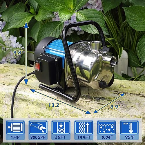 Miniatura 3 de FLUENTPOWER 1HP Bomba de transferencia de jardín portátil, bomba eléctrica de refuerzo de rociadores de 900 GPH, bomba de chorro de pozos poco