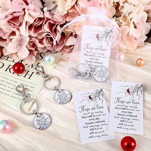 Miniatura 4 de 36 juegos de llaveros cardenales conmemorativos con tarjetas, bolsas de organza, llavero de metal rojo pájaro cardenal para regalo de duelo, siempre