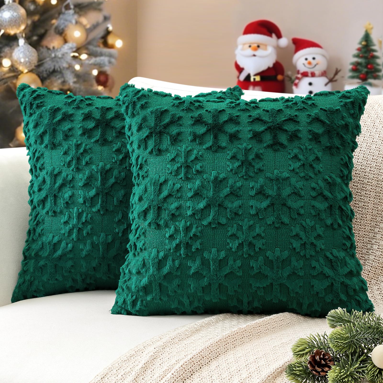 JOTOM Green Snowflake Winter Christmas Cushion Covers 50x50 cm Set of 2 Soft Plush Faux Fur Christmas Decorative Throw Pillow Covers Holiday Pillow Case for Home Bedroom Couch Sofa Decor (Green)