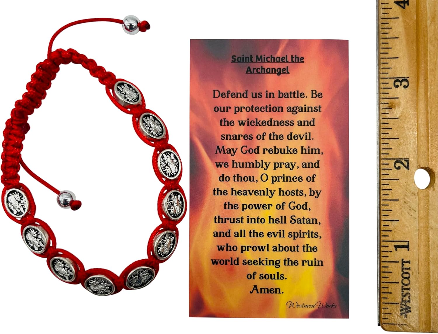 Westmon Works St Michael Bracelet Set Metal Charms Red Paracord with Saint Prayer Holy Card