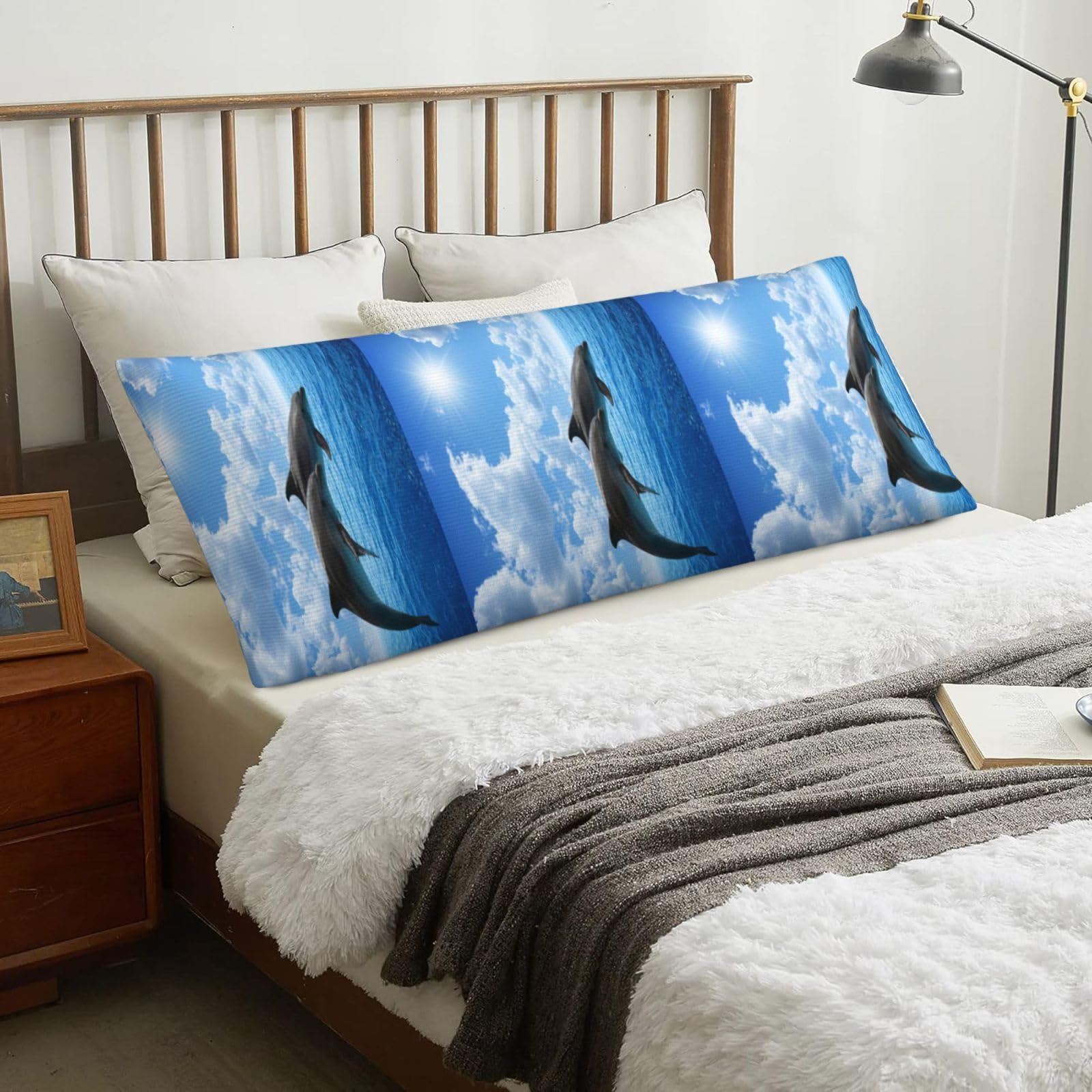 Two Dolphins, Body Pillow Cover with Zipper,Long Body Pillowcase 20 x 60 in