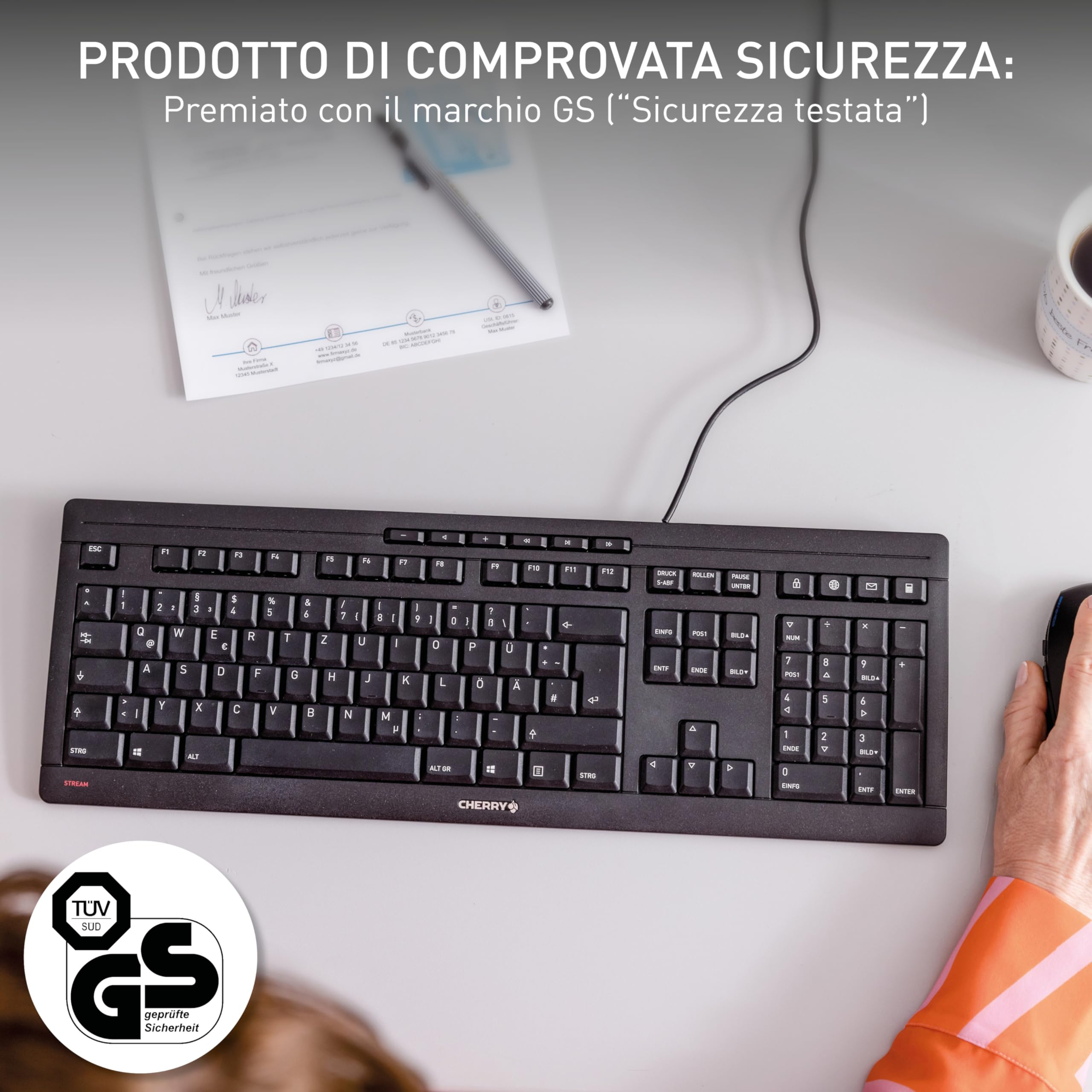 CHERRY STREAM KEYBOARD, Tastiera con filo, Layout per il Belgio (AZERTY), Battitura estremamente silenziosa, Sensazione di digitazione unica, Design piatto, Colore nero