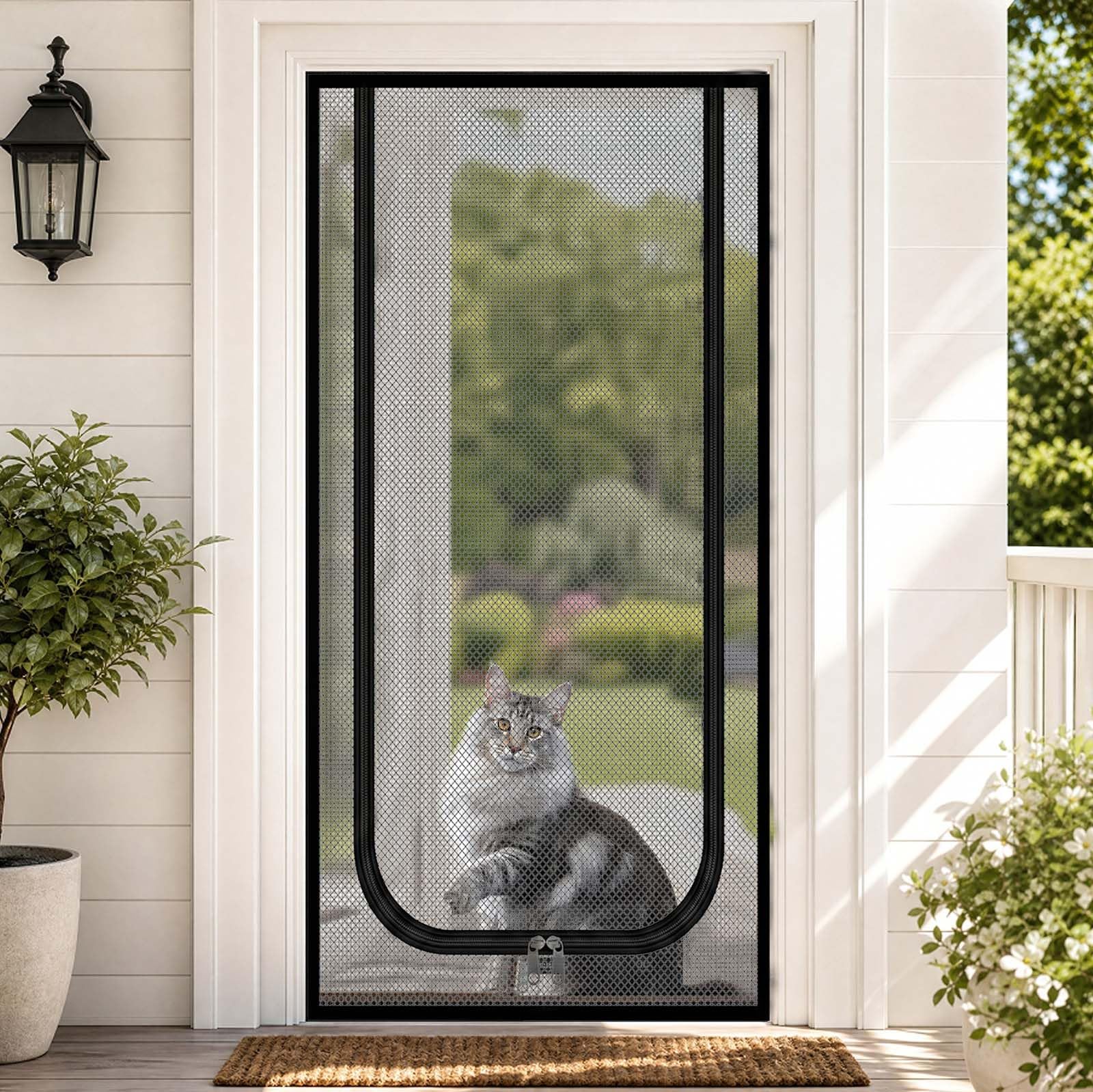 Siatka dla kota na drzwi balkonowe, 90 x 200 cm, moskitiera z zamkiem błyskawicznym, ochrona przed kotami, drzwi z wzmocnionej siatki nano, ochrona przed owadami na balkon i taras, szaro-czarna