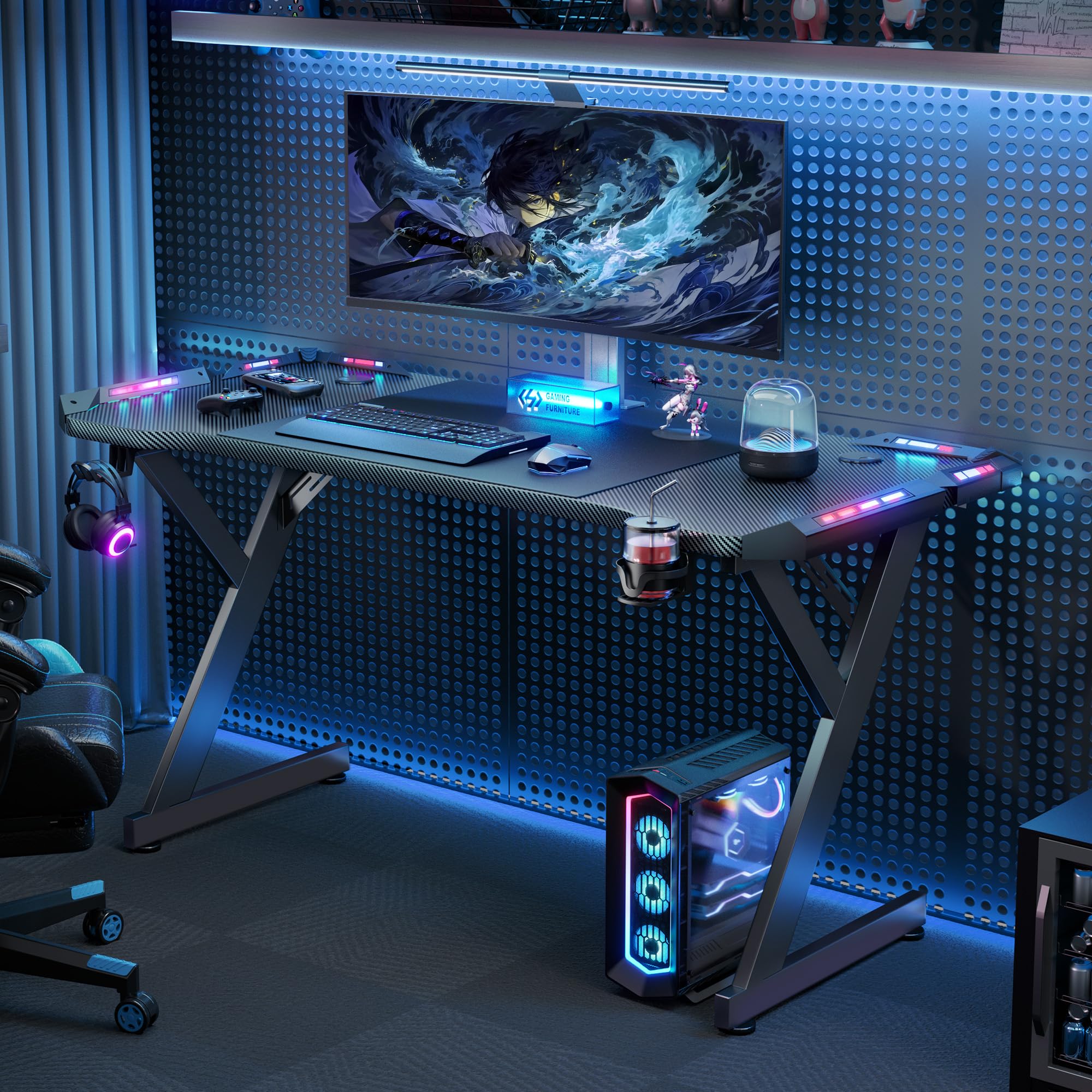 HLONONE Biurko gamingowe LED 140 x 60 cm, stół gamingowy z diodami LED, stabilny stół PC z powłoką z włókna węglowego, stół dla graczy z uchwytem na napoje i hakiem na słuchawki, kolor czarny