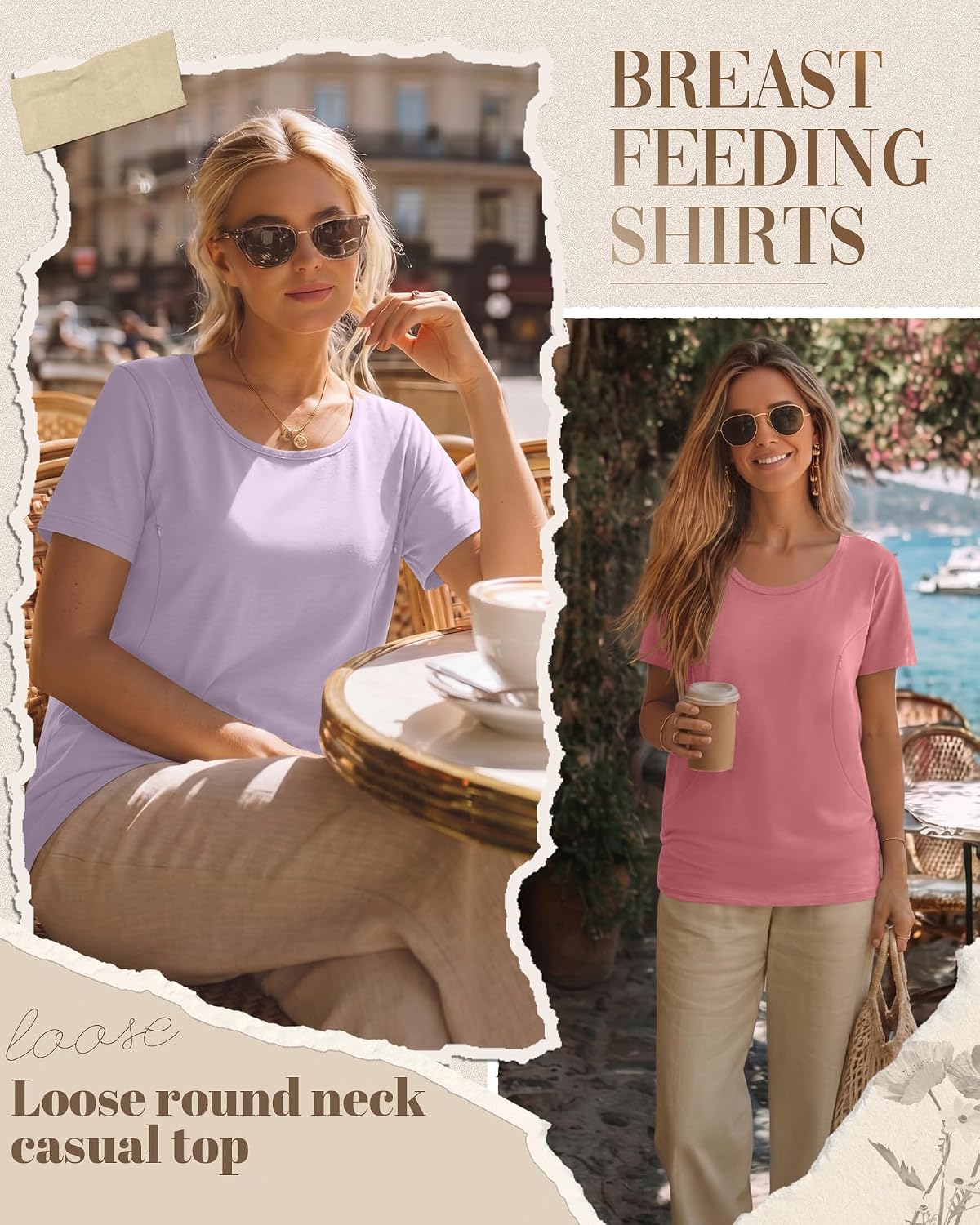 Ficerd 4 Pack Women's Nursing Shirts for Breastfeeding with Hidden Zipper Scoop Neck Loose Fit Short Sleeve Maternity Tops