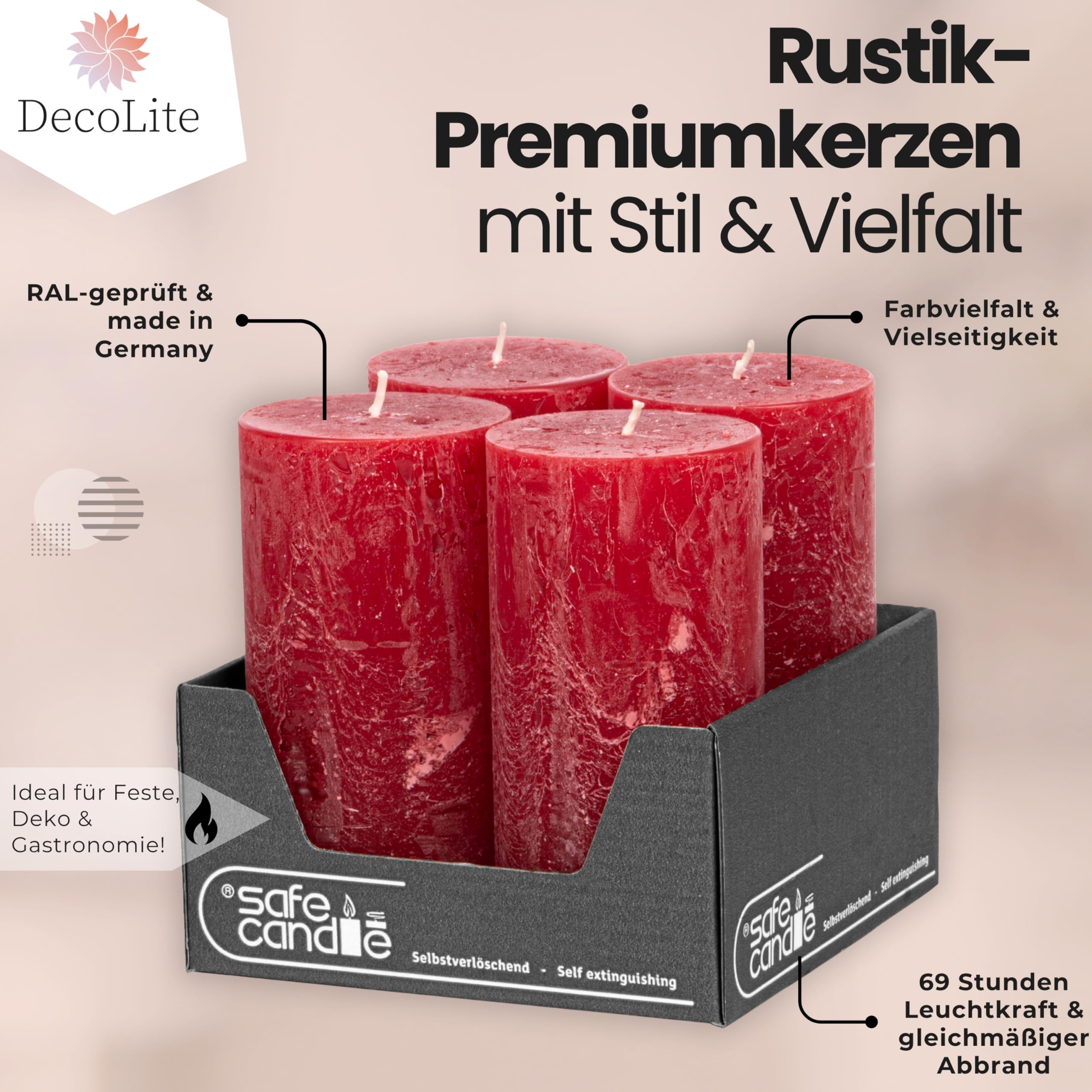 Candele a pilastro, rustiche, set da 4 pezzi, 140 x 70 mm, autoestinguenti, con certificazione RAL, durata circa 69 ore, prodotte in Germania, candele decorative rustiche (rosso)