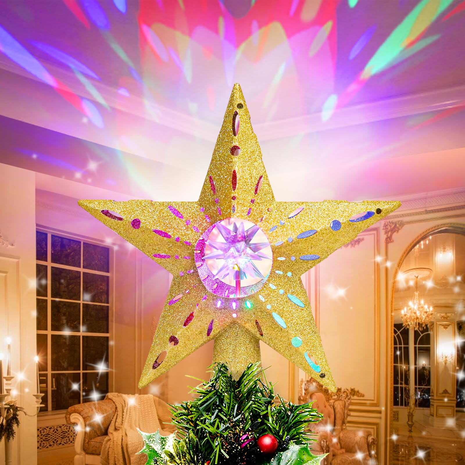 Tree Topper Quntis Christmas Star | 3D Rotating Projector With Colorful ...