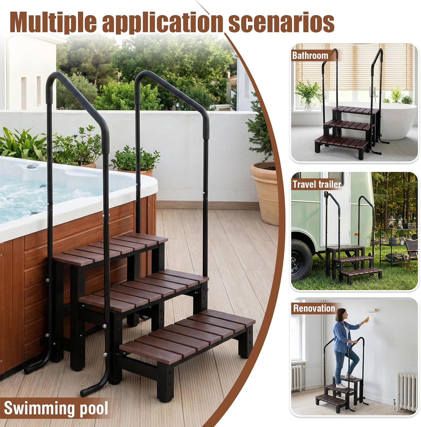 3-Step Hot Tub Step Stairs with Handrail Outdoor Steps with Railing Portable RV Steps 550LBs Capacity for Hot Tub Porch Above Ground Pools