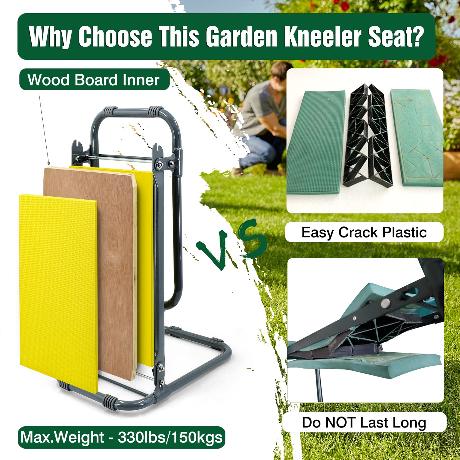 Jardineer Garden Kneeler and Seat Heavy Duty - Upgraded Wood Inner, 9 Inch Kneeler and Stool for Gardening, Multifunctional Gardening Bench Kneeler and Seat, Stable Garden Kneeling Bench with Handles