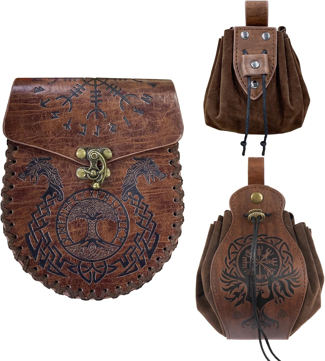 3 PCs Medieval Faux Leather Belt Bag Set, Renaissance Drawstring Pouch Dice Bag, Vintage Side Pack Coin Purse for LARP (Brown A)