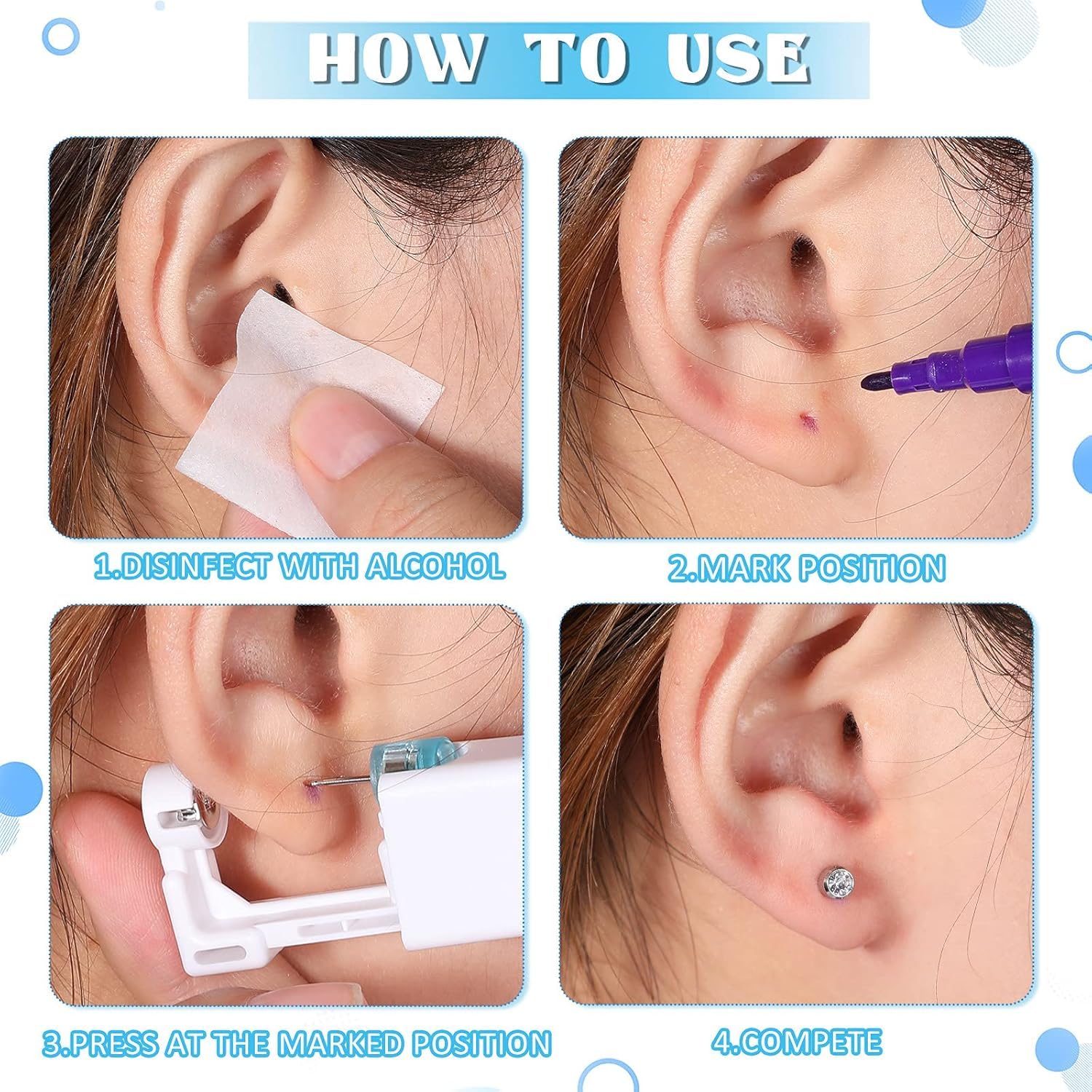 Pistola de perforación de oreja kit desechable sin dolor dorado plateado
