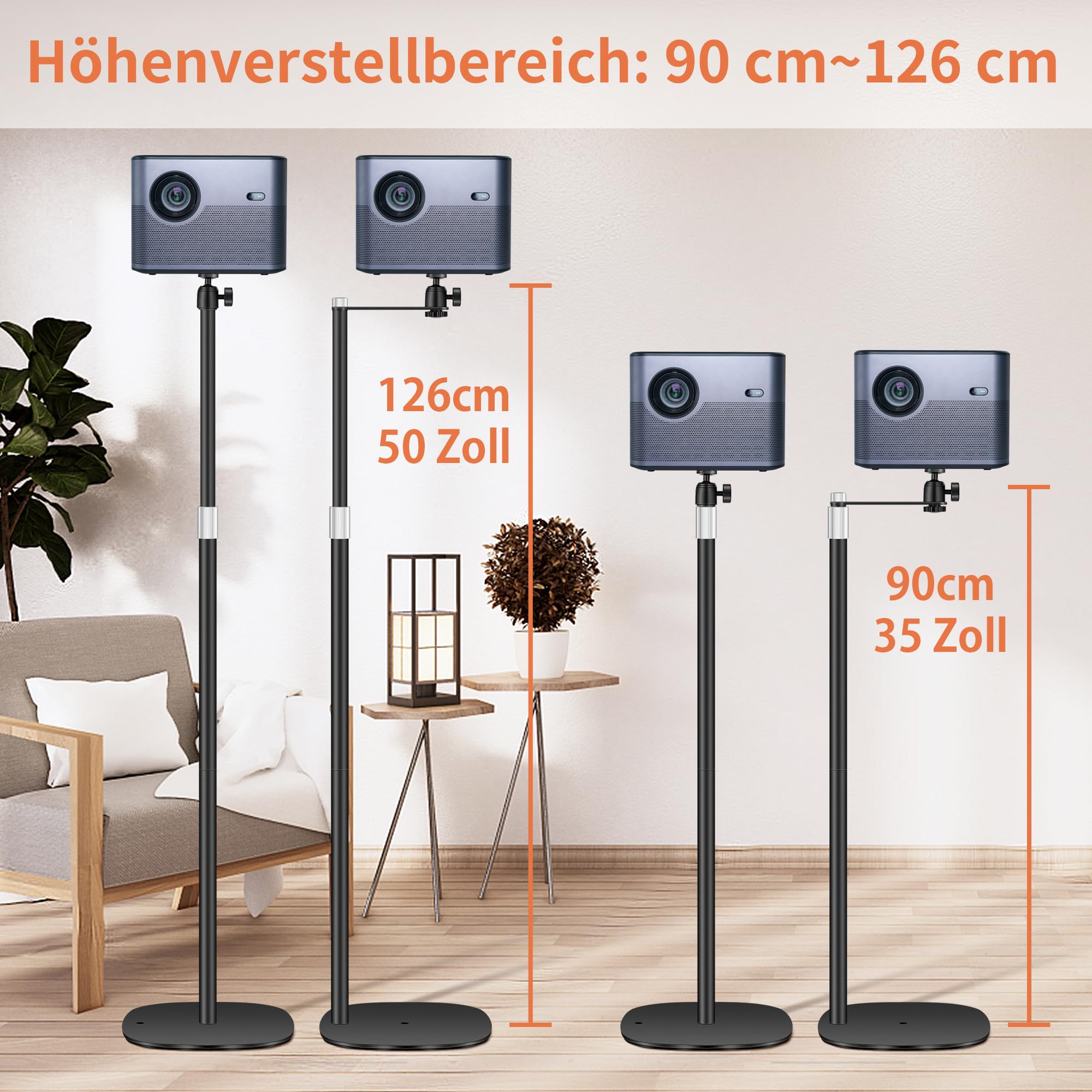 Beamer ständer Projektor Halterung, Beamer Halterung Höhenverstellbar von 90-126cm mit 360°Winkelrotation, Platzsparend, Tragkraft bis zu 5kg, Kompatibel mit Beamern, Kameras, Handyhalterungen
