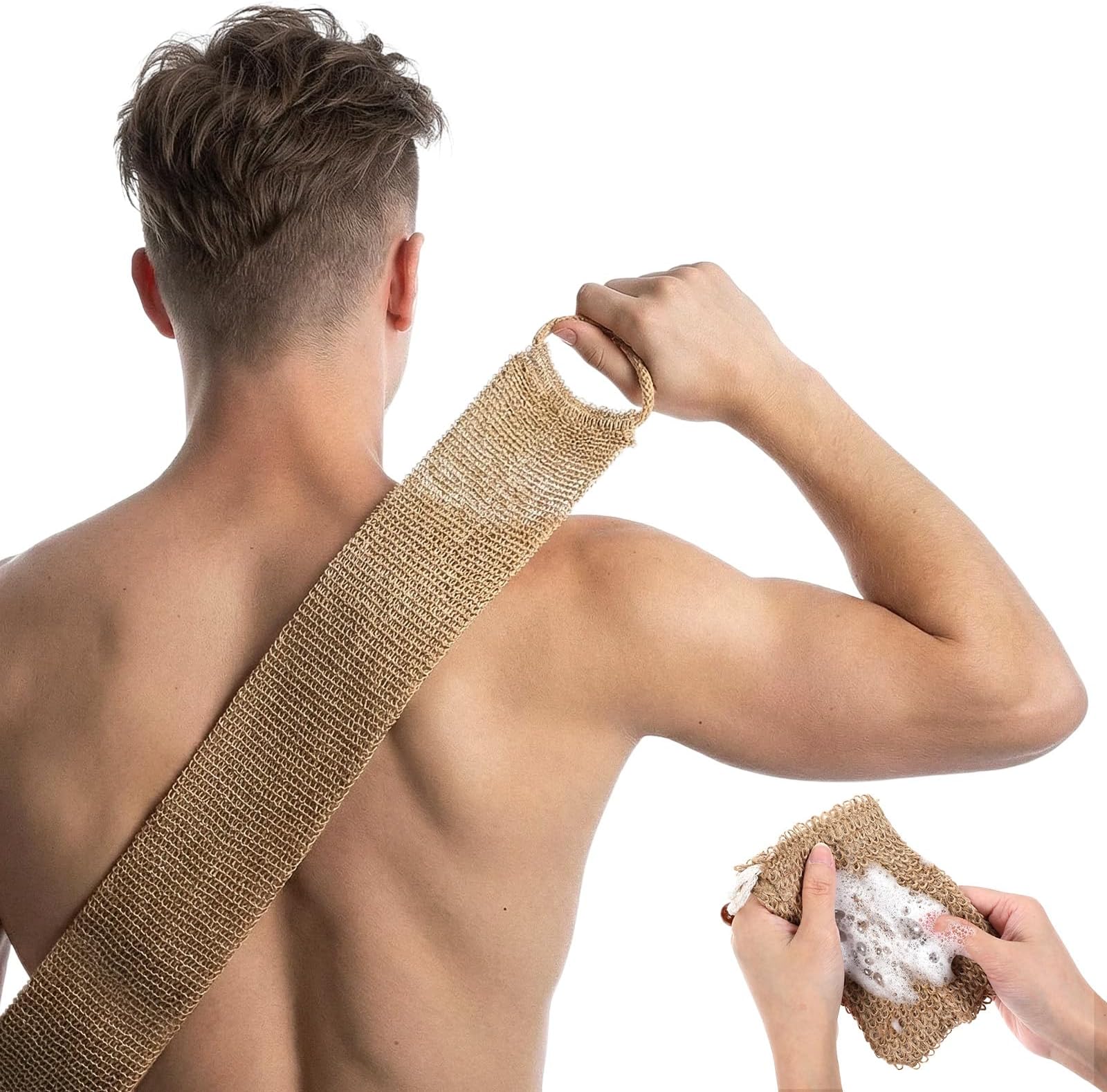 Thinp Natural Loofah Back Scrubber, Extra Rough Exfoliating Back Scrubber with Handle for Men Women-Back Exfoliator for Shower Long Durable Deep Cleansing, with Soap Saver Bag