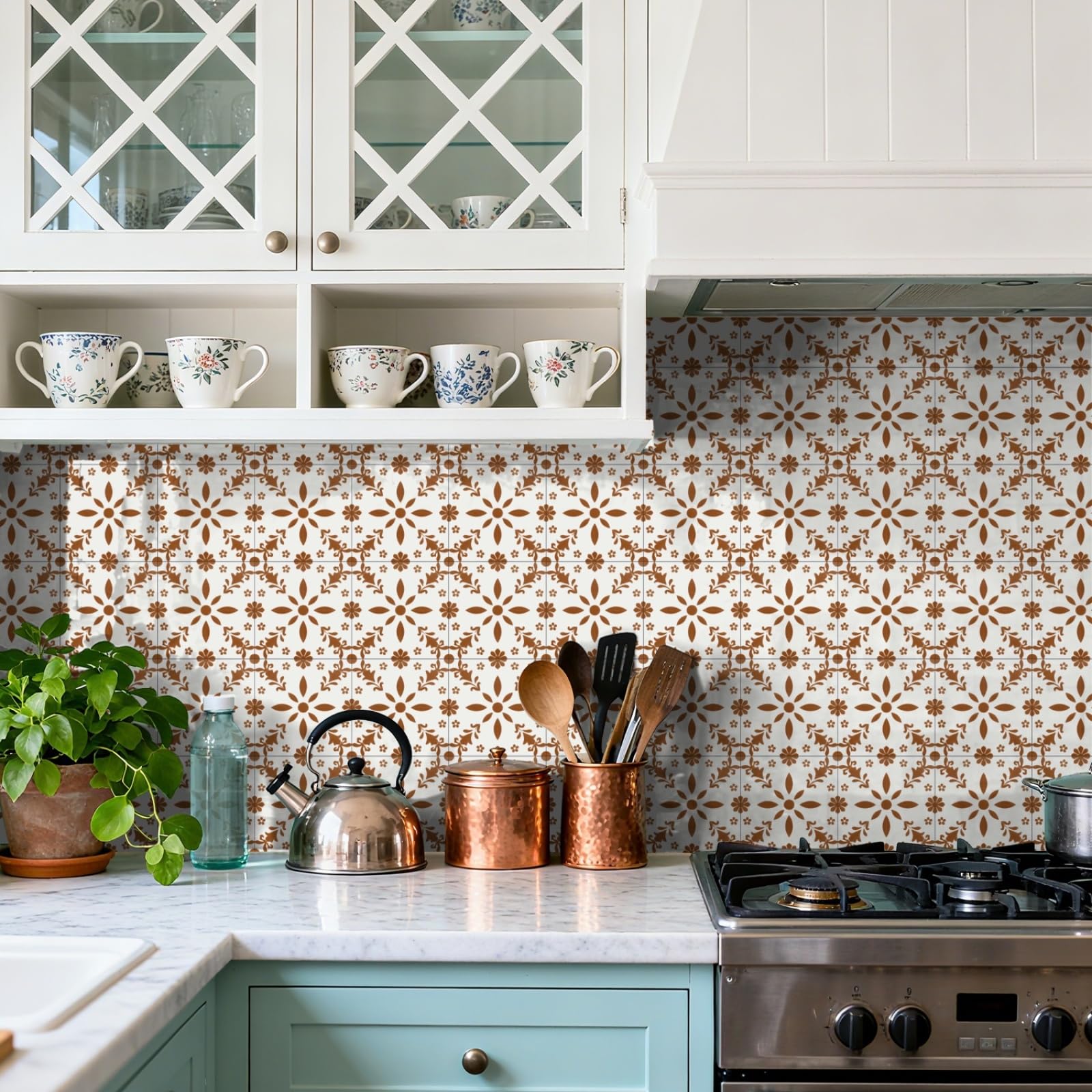 Peel and Stick Wall Tiles Bohemian Orange Tiles Self Adhesive PVC Home Decor Backsplash Kitchen Tile Stickers Waterproof Tile Stickers for Bathroom 20x20cm /24 Pcs