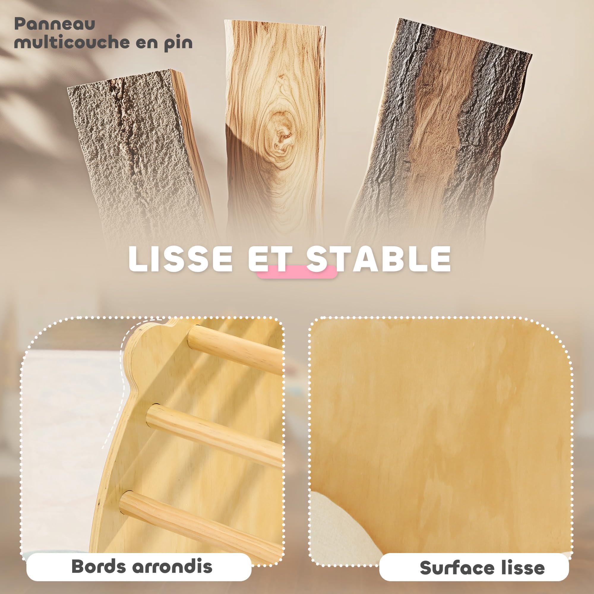 AIYAPLAY 3 en 1 Arche Escalade Enfants, Chaise à Bascule et Table de Jeu avec Coussin - Parcours motricité bébé en en Bois Massif pour garçons & Filles de 18 à 48 Mois, Bois Naturel