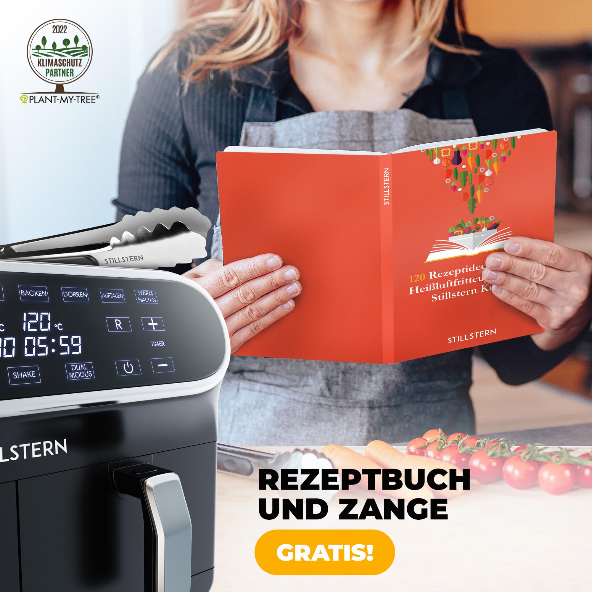 Stillstern Heißluftfritteuse 2 Kammern 8L Dual Zone Airfryer XXL, 2400W, Ausgezeichnet 1,2 (Sehr Gut), Fritteuse Air Fryer, Rezeptbuch, Auftauen&Warmhalten Heissluftfritteuse Doppelkammer, Air Fryers