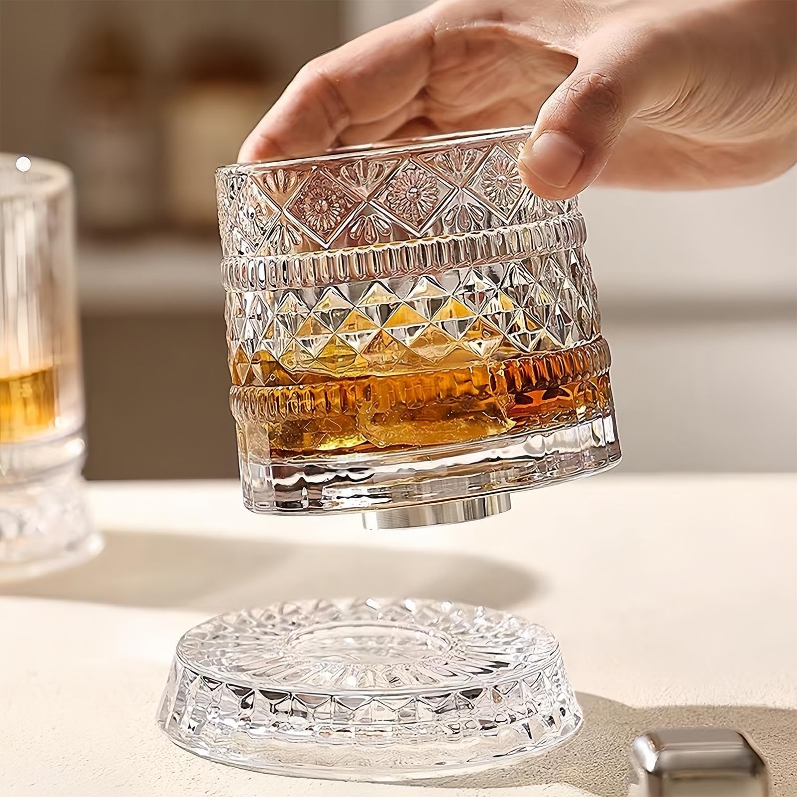 Rotating Whiskey Glass, Premium Bourbon Tasting Drinkware Set, Cocktail Glasses for Collectors Home Bar Entertainers, Elegant Design, Crystal Drink Presentation, Birthday Gift