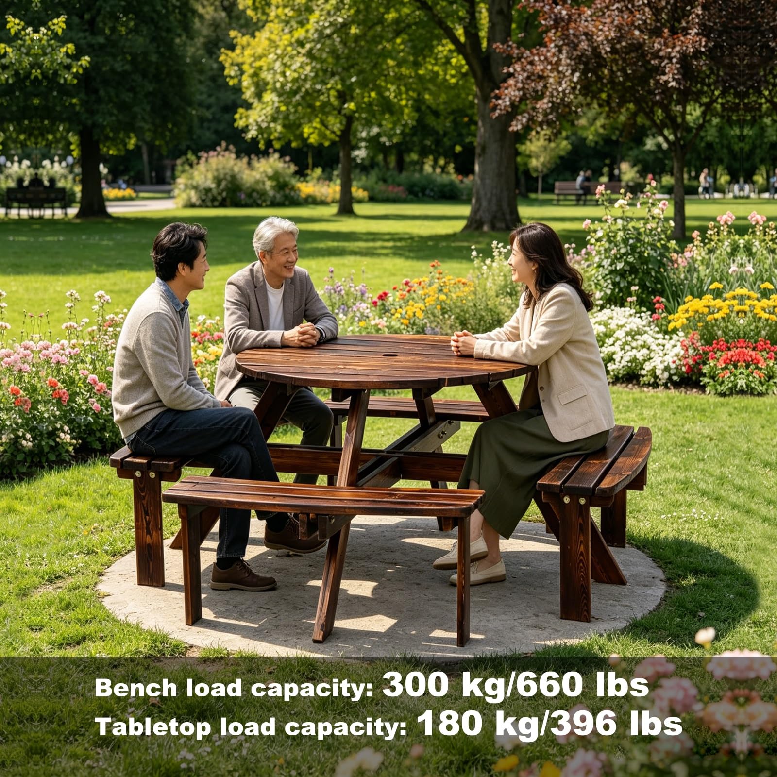 Tavolo da Picnic Rotondo All-in-one In Legno Massivo Carbonizzato, Tavolo da Esterno Resistente Per 8 Persone con 4 Panche Curve E Foro Ombrello 40mm Per Giardino