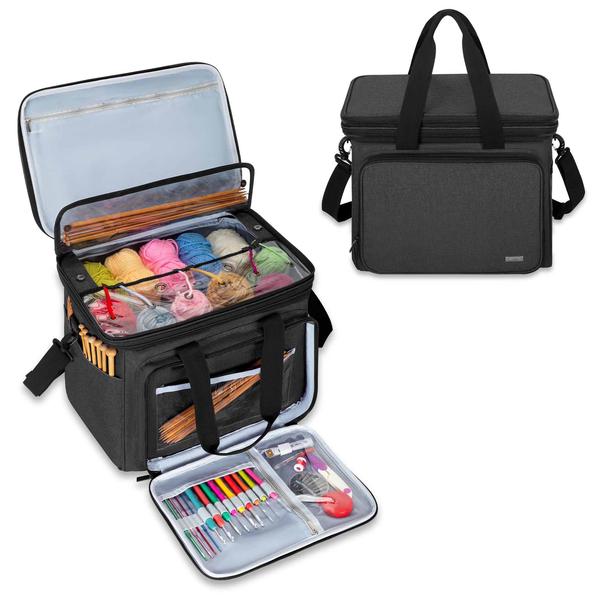 Teamoy Knitting Bag With Divider and Cover, Portable Yarn Storage Organizer for Crochet Accessories and Knitting Needles,Ideal for Knitting Enthusiasts, Black