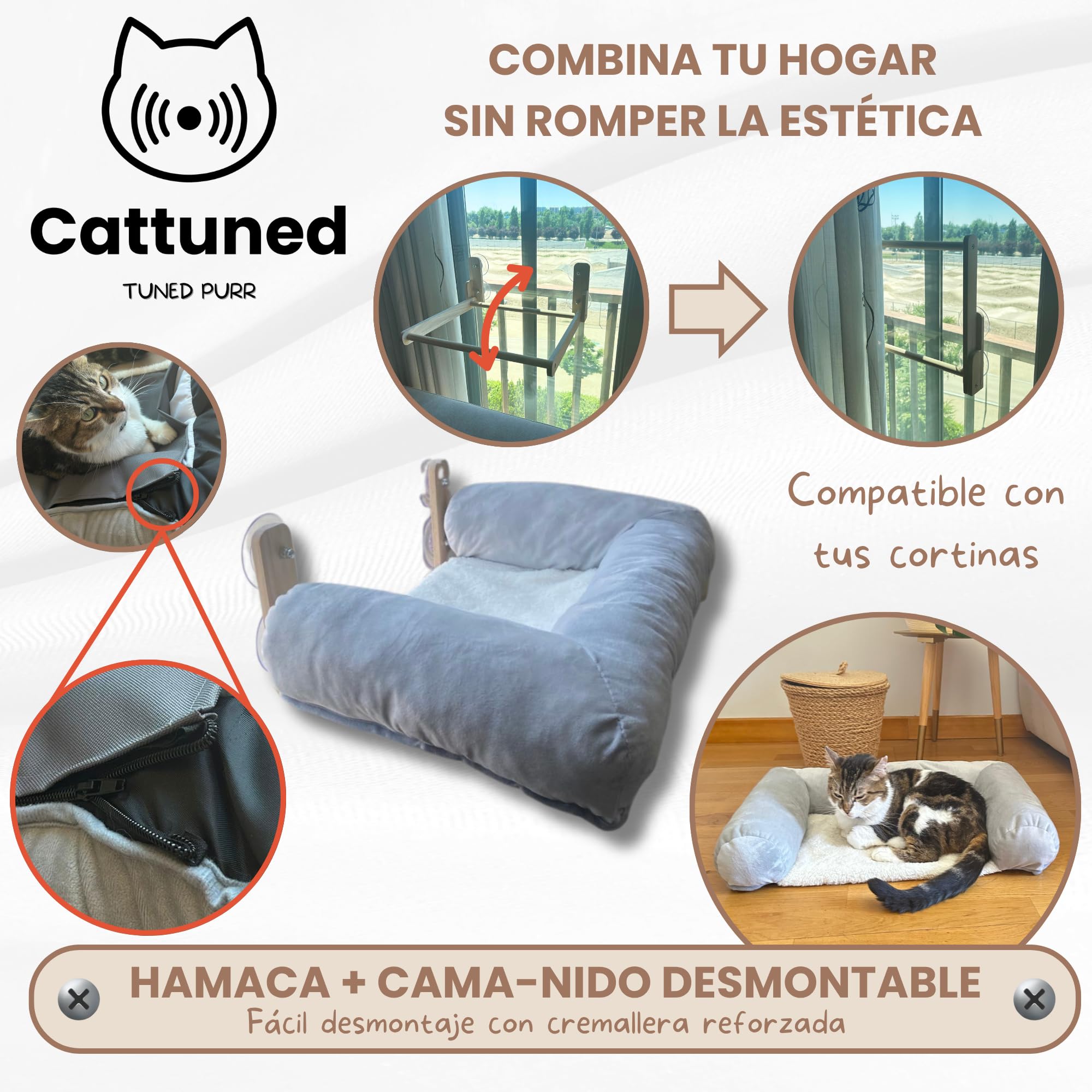 CATTUNED | Cama Gato Ventana, Madera Maciza + Cama-Nido Ultra Suave, Ventosas Extra Fuertes, Diseño Minimalista, Ideal para Interior Moderno, Hamaca de Gato para Ventana, Hamaca para Gatos Grandes