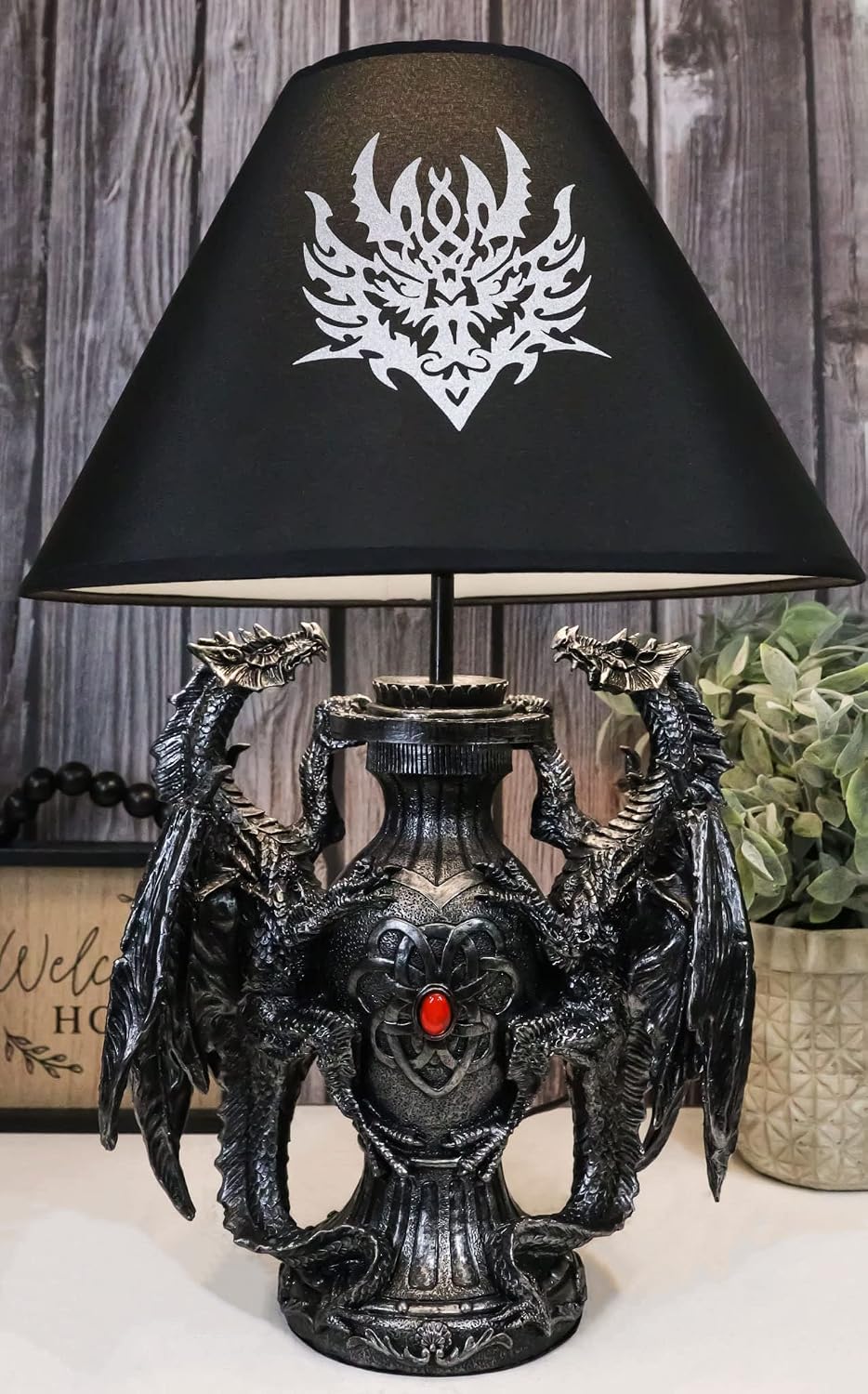 Ebros Gift Climbing Dual Gothic Dragons Guarding Rune Blood Gemstone Sculptural Table Desktop Lamp Lighting Decor with Shade 19" High Mythical Fantasy Legend Dragon Decorative Light Accent