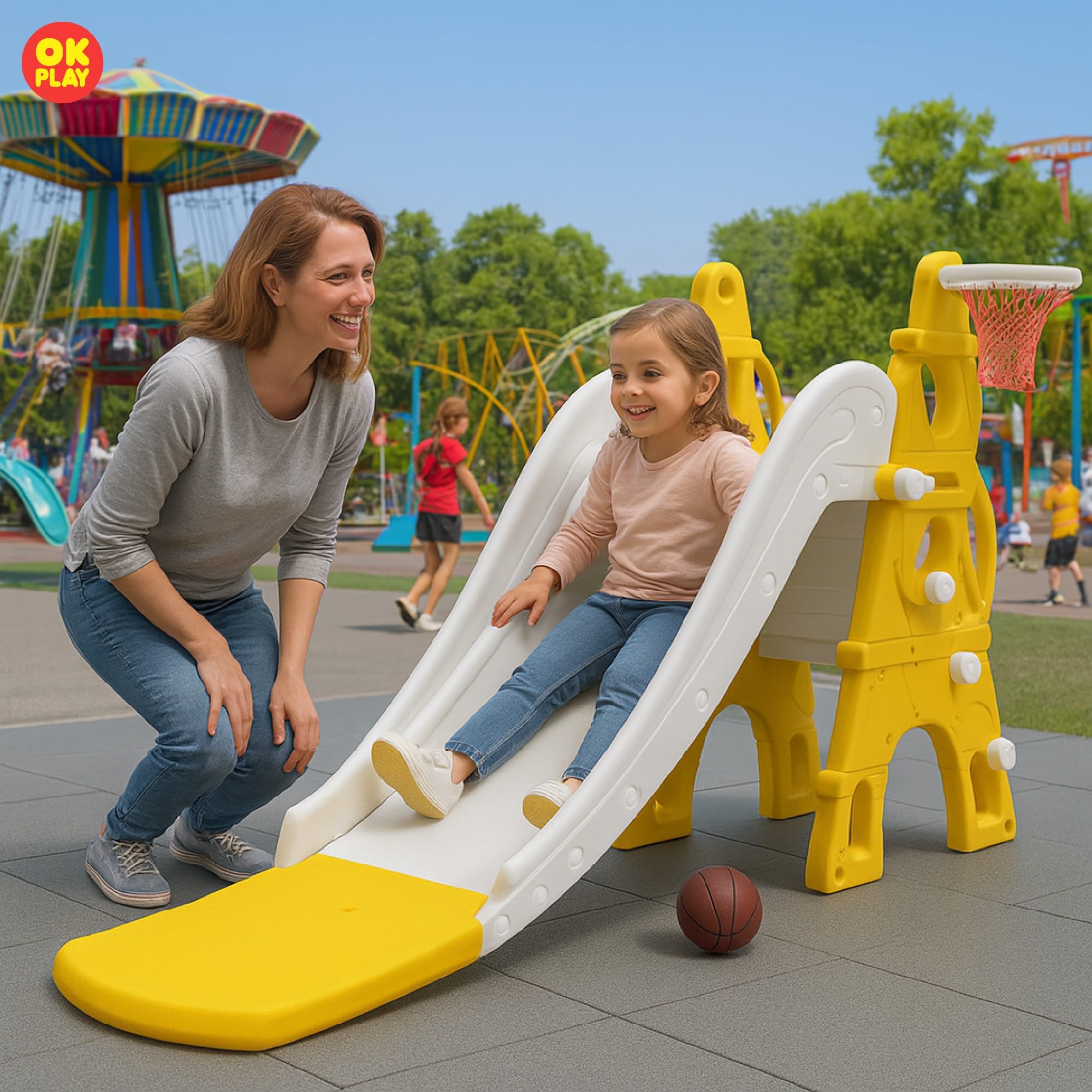 OK PLAY Castle Slide for 2 to 8Years | With Ball and Ring | Indoor Outdoor Games | Perfect Slide for Home, School & Playground | Easy Assembly | Safe & Fun Activity Toy | 170 x 72 x 94cm | Yellow&Grey - Image 5 thumbnail
