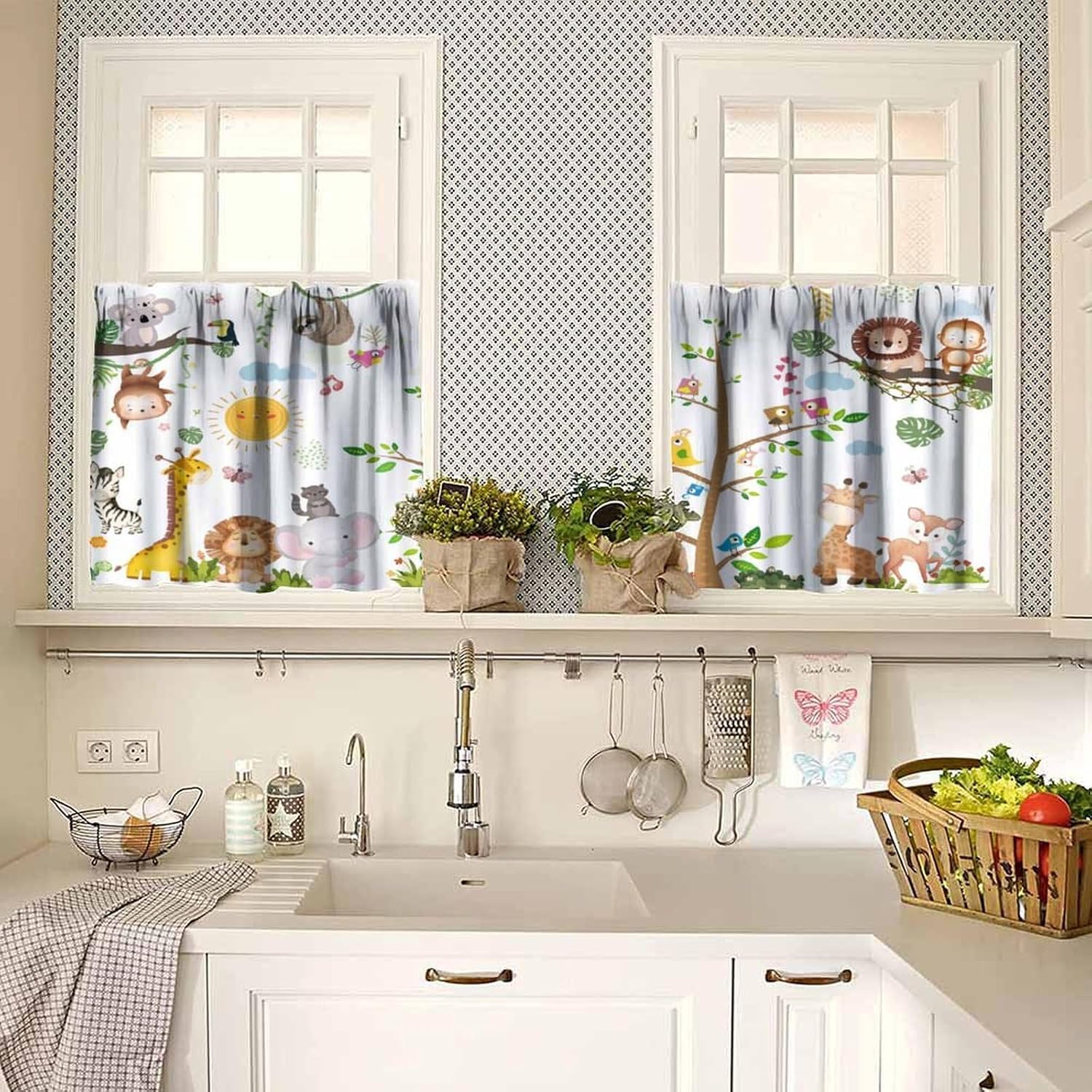 Kids Forest Animals Valance Curtains, Cartoon Elephants Giraffes, Lions Parrots Butterfly Cute Animals Wooden Plants Green Window Drapes for Boys Girls Nursery Bedroom Living Room,54x24 Inch