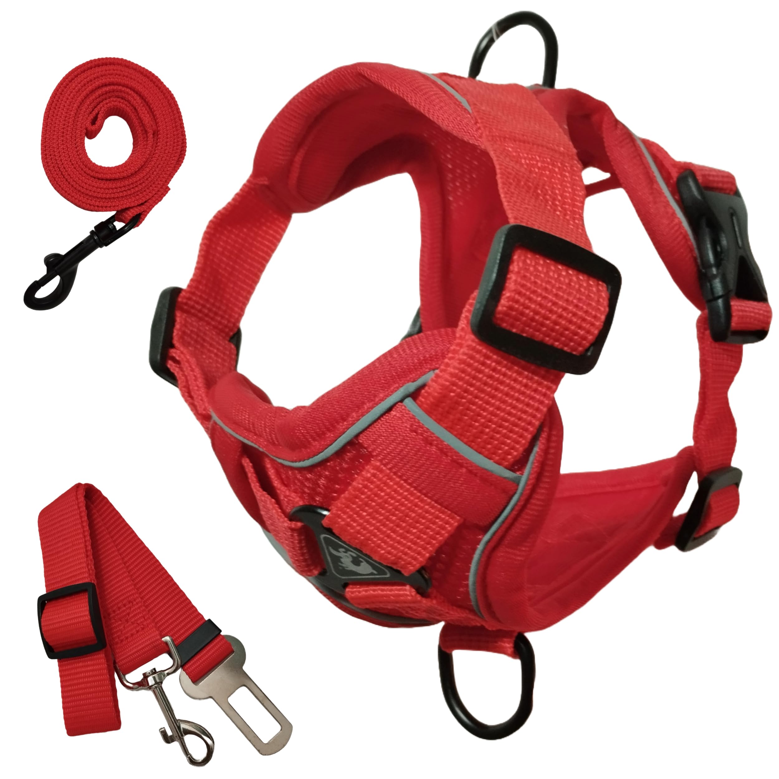 Arnés para Perro con Lineas Reflectantes Antitirones Arnes Perro Pequeño con Correa Y Cinturon De Seguridad para Coche Arnes Cómodo Y Seguro De Alta Visibilidad (Rojo, M)