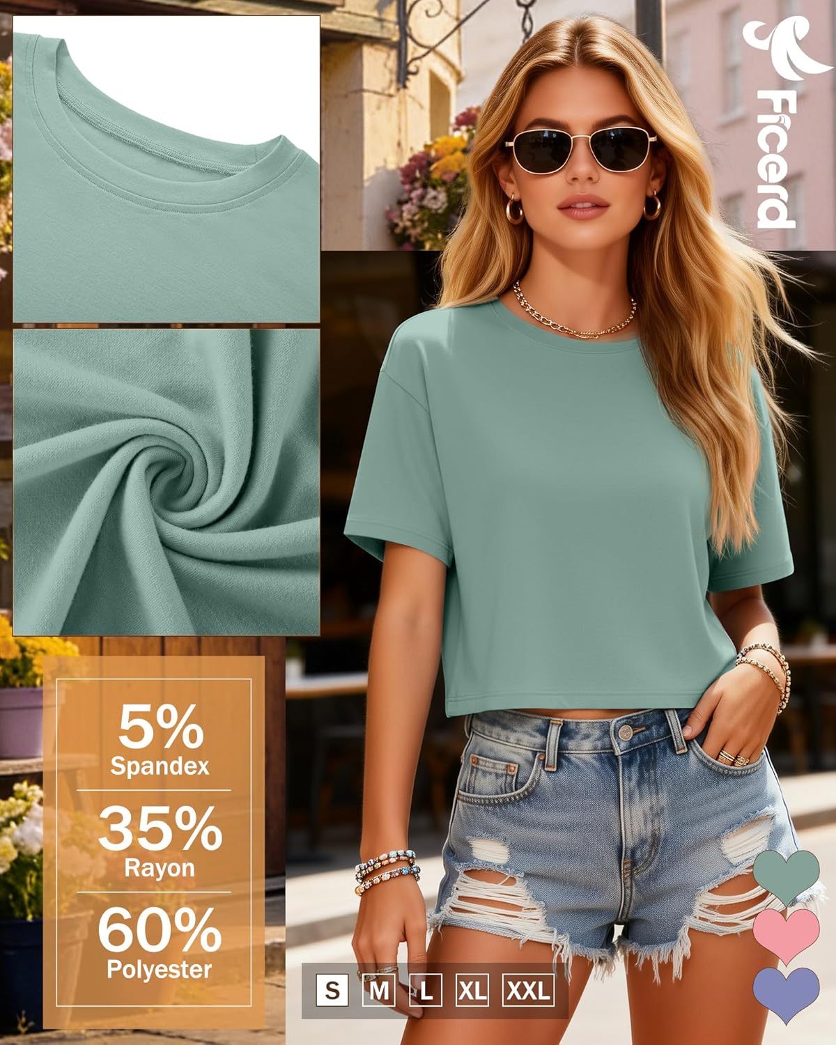 Ficerd 3 Pack Women Crop Tops Half Sleeve Cropped T Shirts Casual Crew Neck Drop Shoulder Loose Summer Solid Color