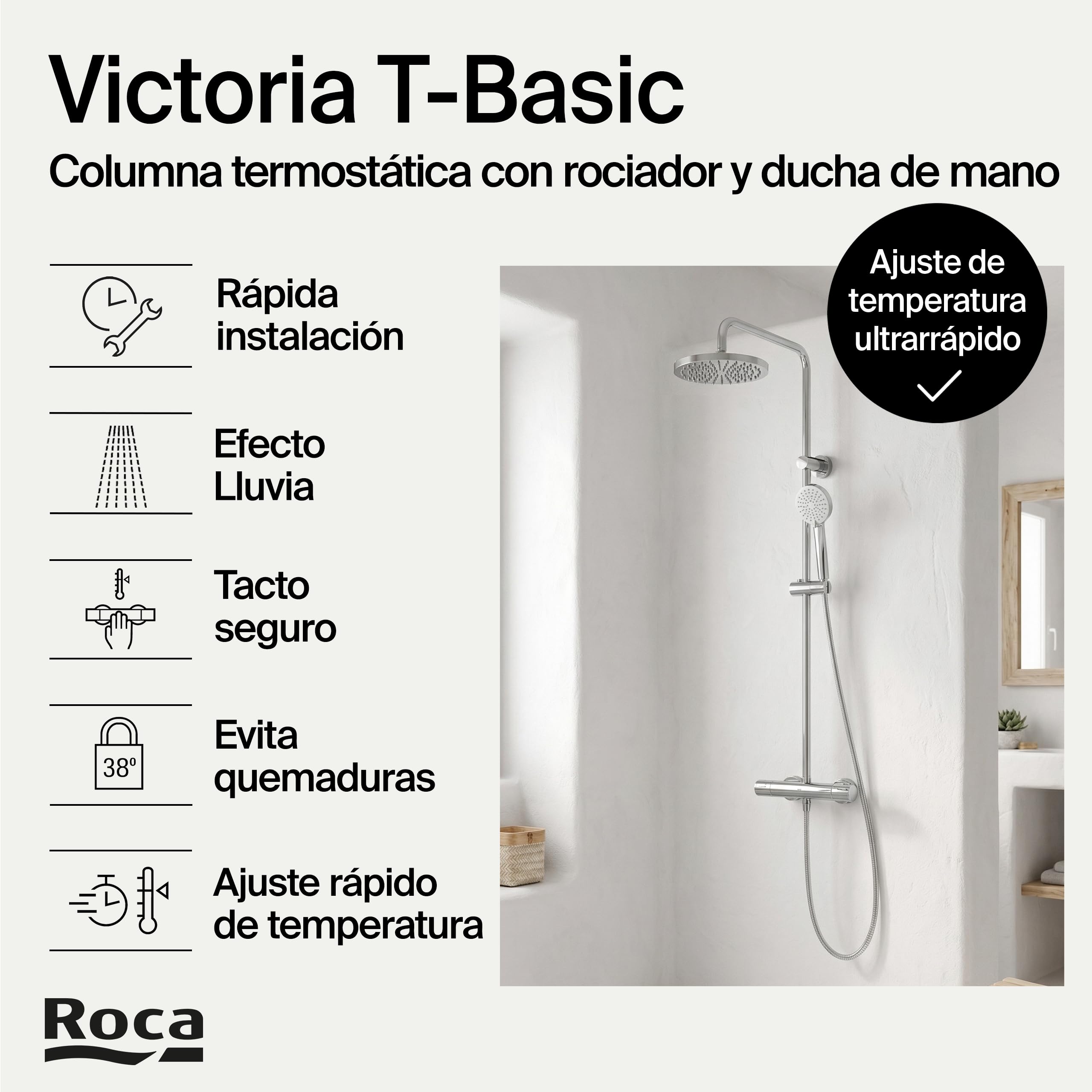 Roca A5A9F18C00 - Columna de ducha termostática Victoria BASIC, Version Nueva, Cromo