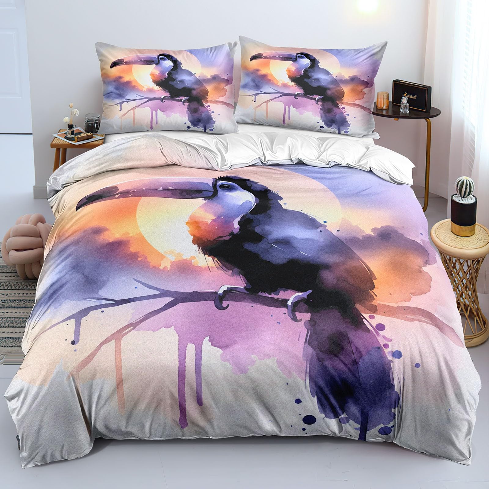Parure de lit oiseaux imprimé 3D avec housse de couette en microfibre et taies K404