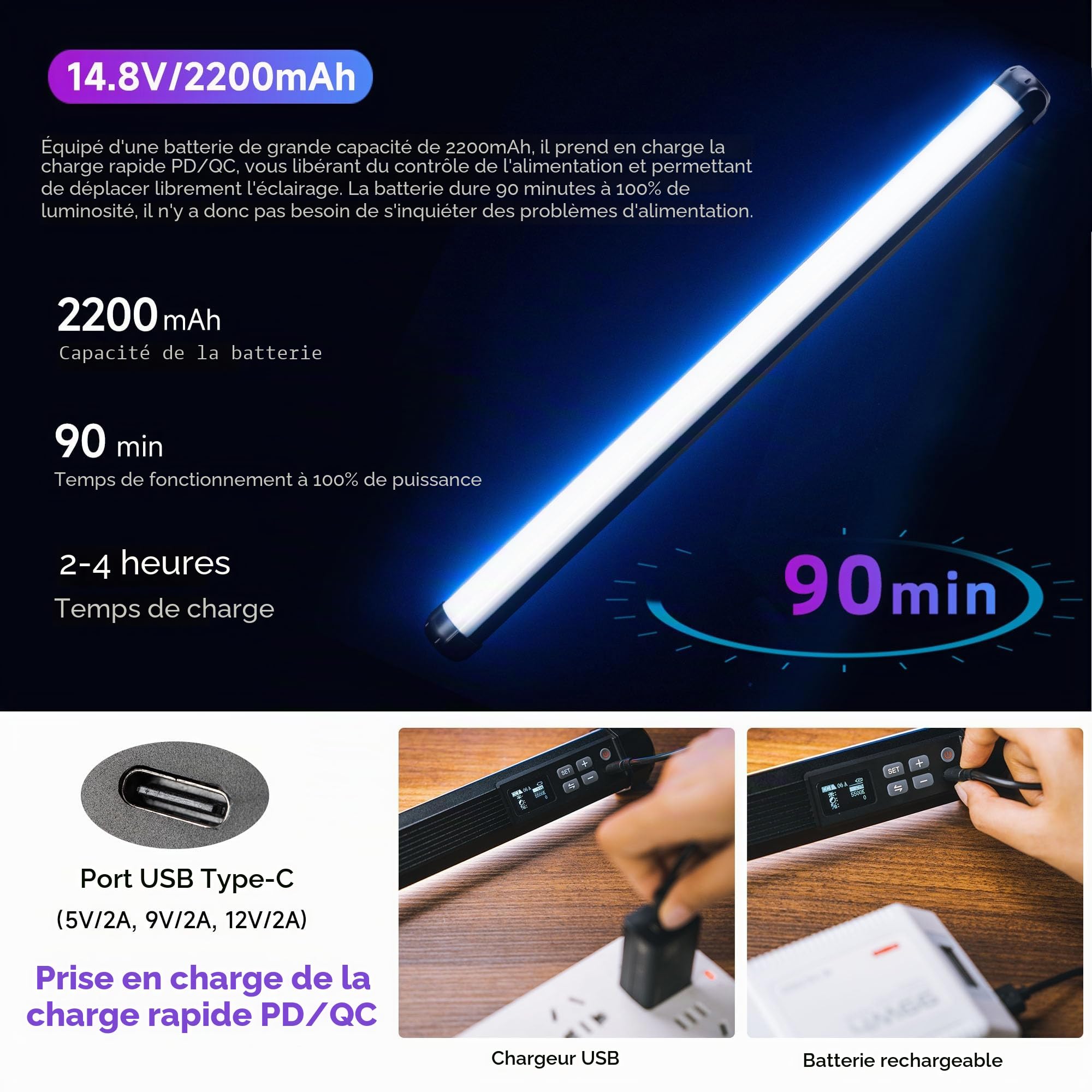 VILTROX K60 Lot de 2 bâtons Lumineux RVB, Grand Tube Lumineux pour Photographie de 22,8", Batterie Rechargeable 32Wh, 20W/1950 LM, Baguette Lumineuse RVB avec CRI 95 + 360°, écran LCD 2500K-8500K