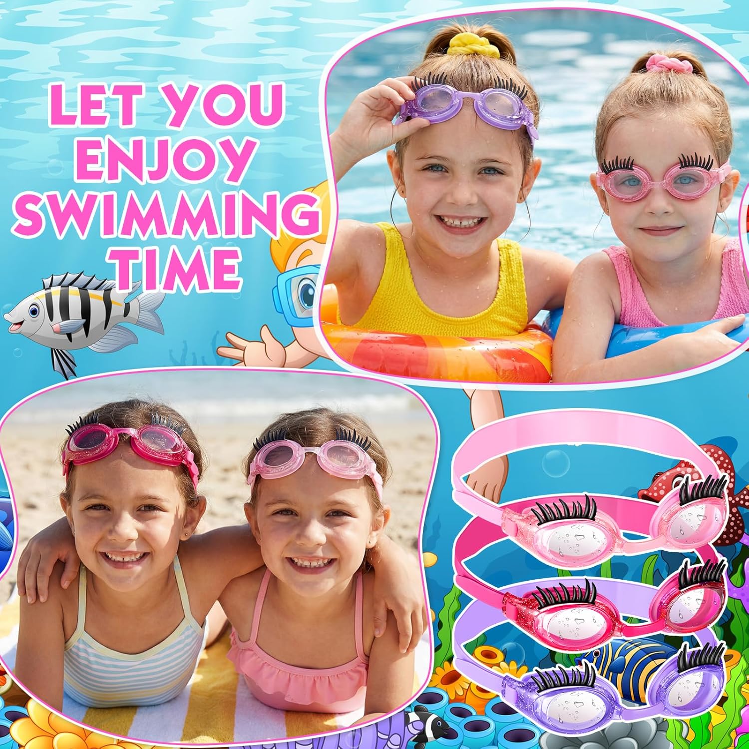 Konohan Kids Swim Goggles Eyelashes Girls Funny Swim Goggle No Slip Leak Anti Fog UV Glasses for Lash Extensions